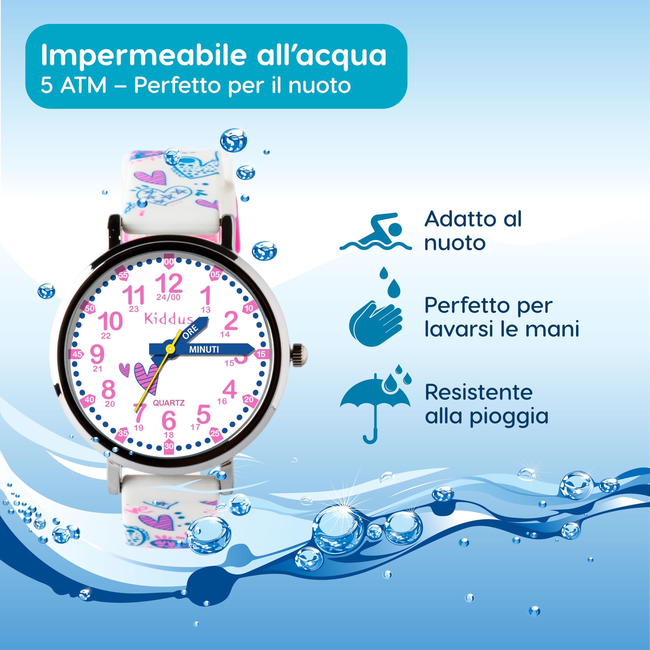 Kiddus Reloj Educativo Infantil para Niño y Niña a Partir de 5 Años, Sumergible 5ATM, Reloj Analógico para Aprender la Hora, Mecanismo Japonés