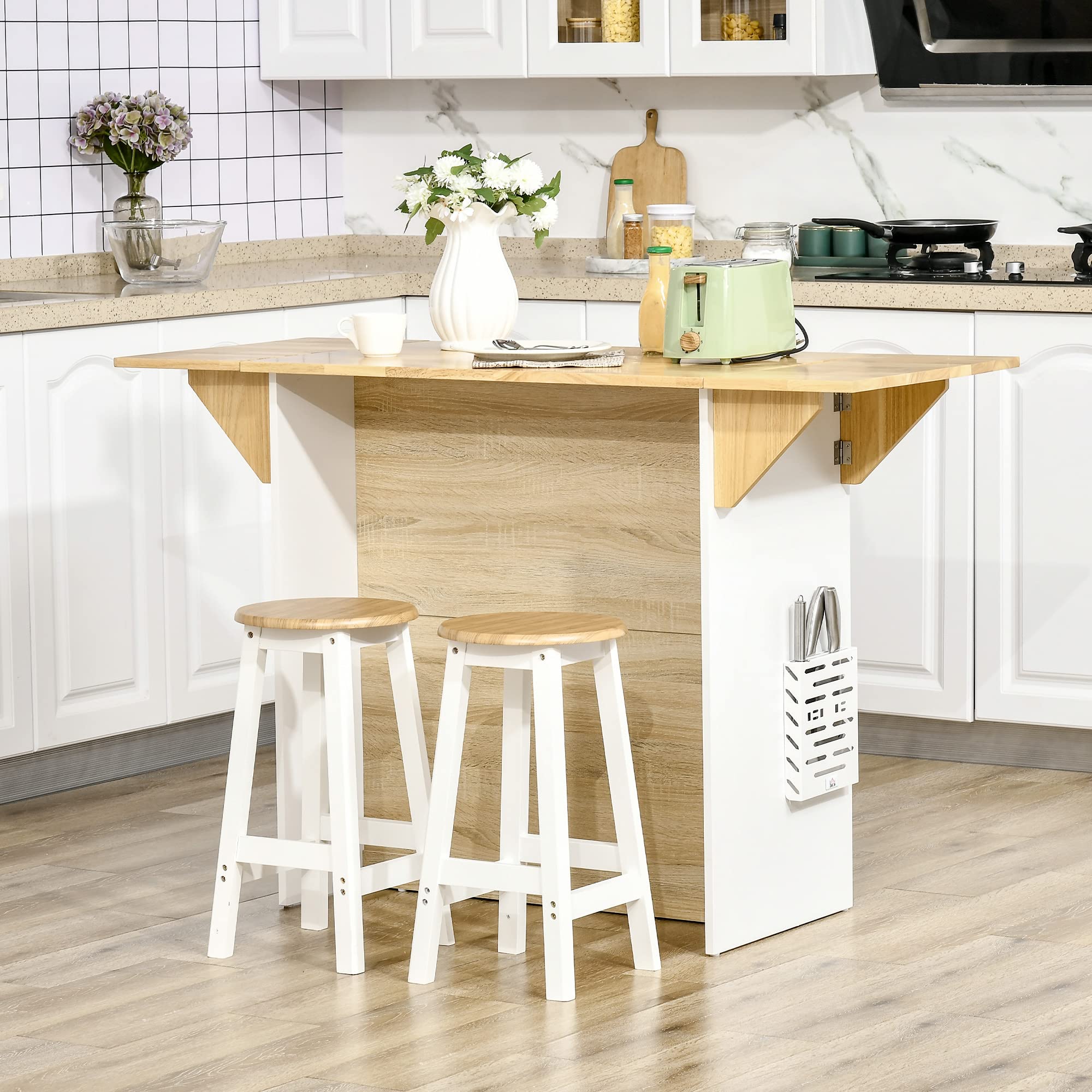 HOMCOM Ilot Central Cuisine Meuble de Rangement Cuisine de Service avec Plan de Travail Rabattable en Bois de Caoutchouc et 2 étagères - 140 x 55 x 91 cm