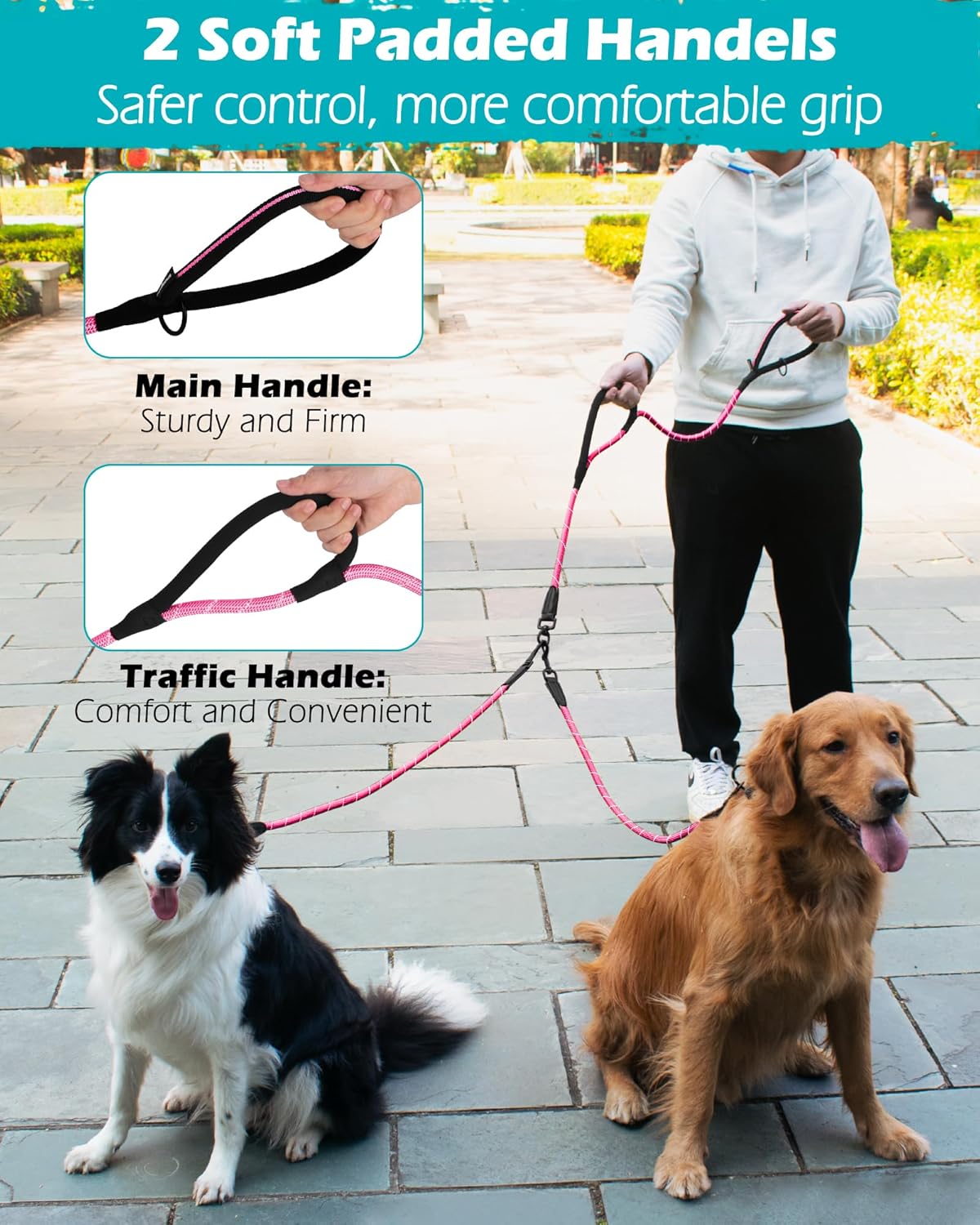 PetBonus Rope Double Dog Leash, No Tangle Dual Leash,55-200lbs and Dog Collar Safety Clip