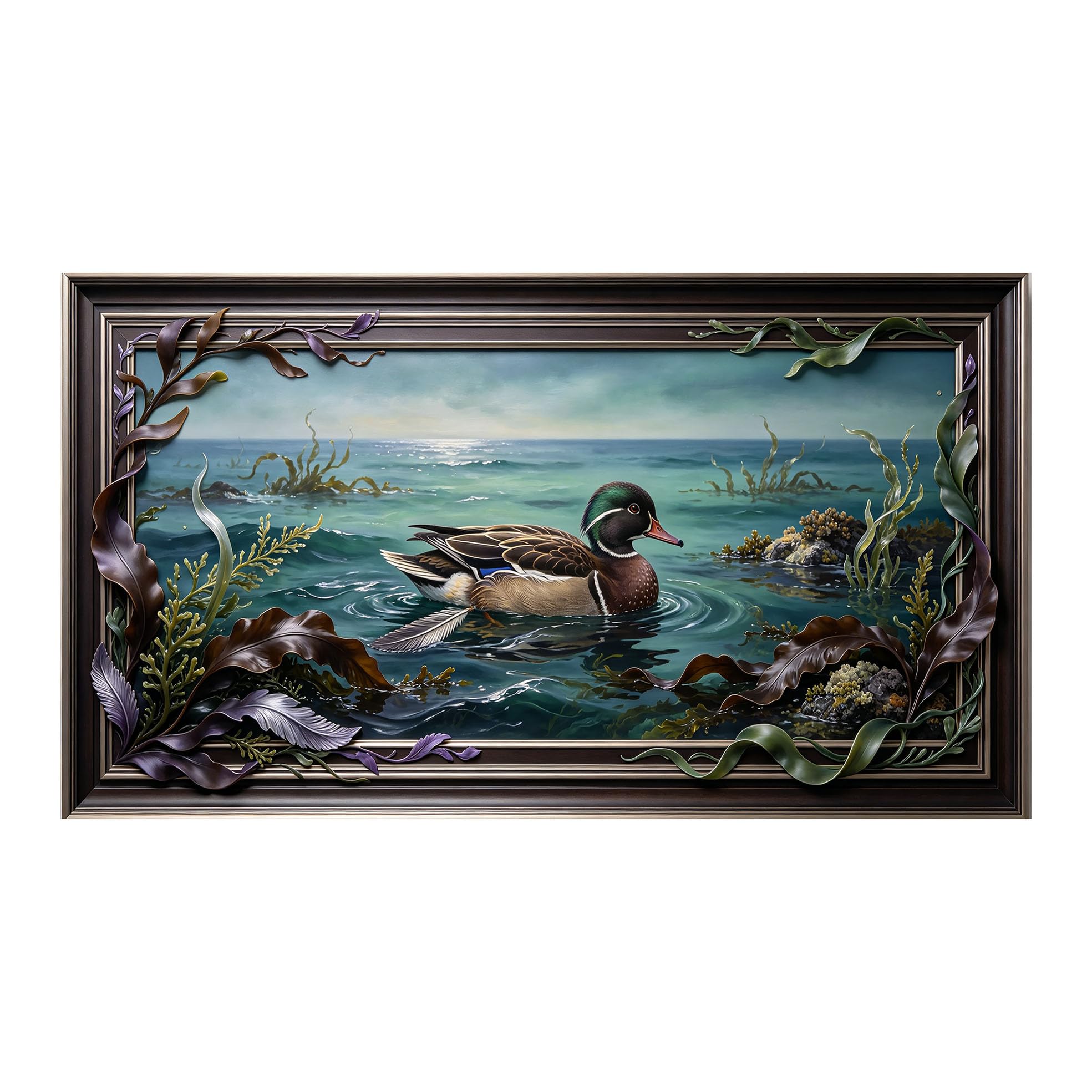 Murasolite 3D 3D Framed Wall Art 50cm×90cm Ocean Duck Seascape Oil Painting SelfAdhesive Fabric Mural Wall Decor, Peel and Stick No Damage to Wall for Bedroom Living Room