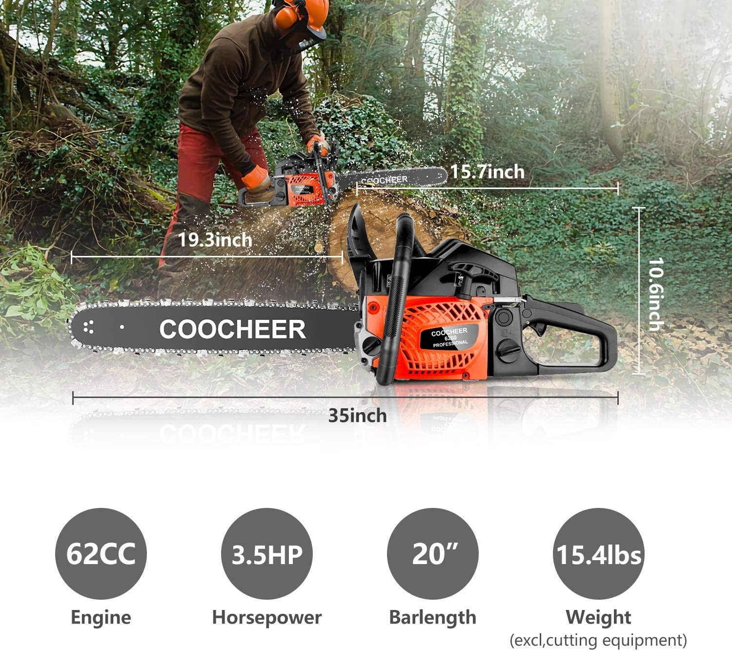 COOCHEER 20 Inch 62CC Gas Chainsaw 2 Stroke Engine Gas Power Chainsaws Handheld Cordless Petrol Chain Saw with 2 Chains for Wood Cutting Garden Farm Home Use