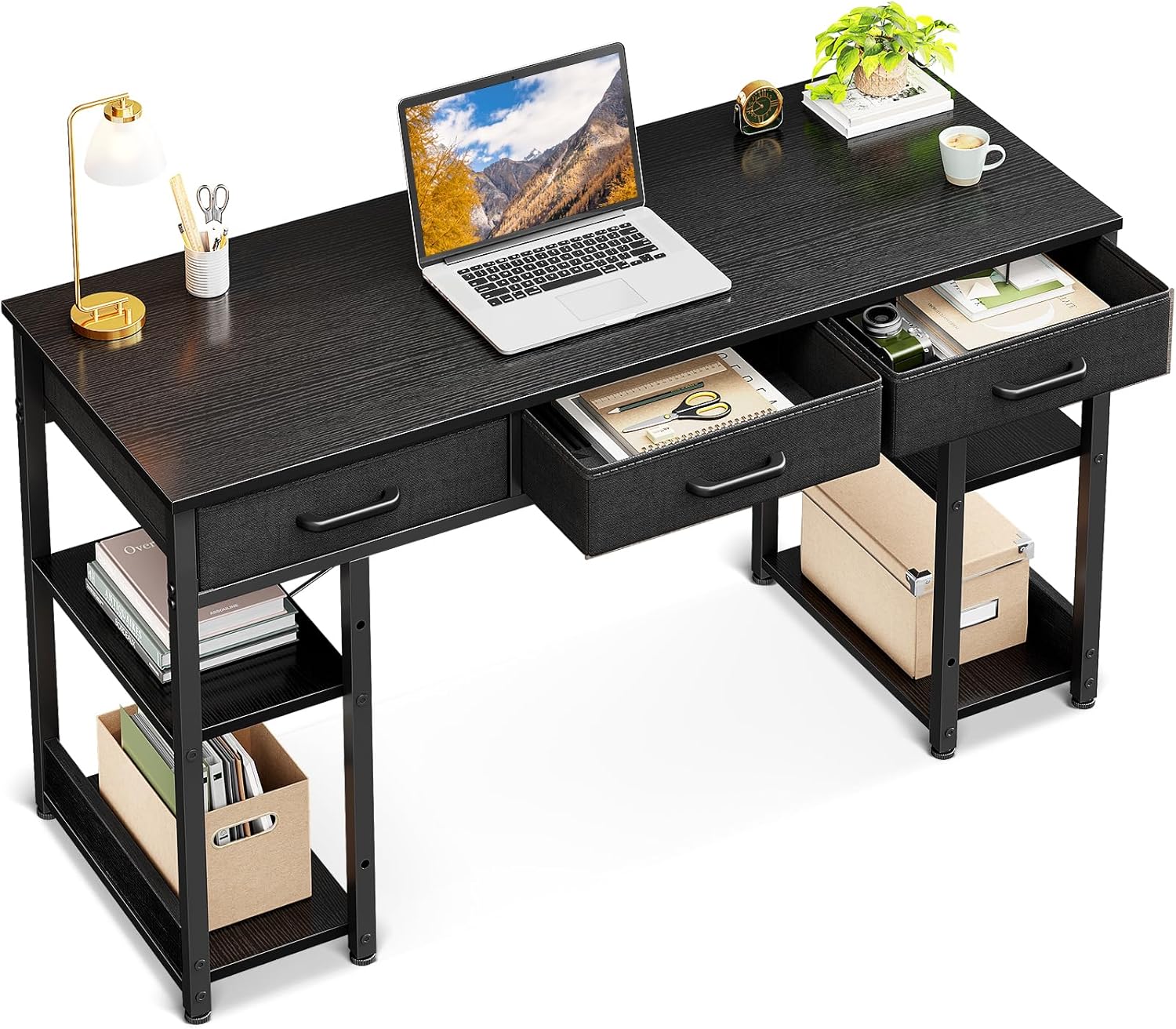 Casaottima Small Office Desk with Fabric Drawers, Computer Desk with Storage Shelves, Modern Writing Table, 48" Home Desk, Deep Black