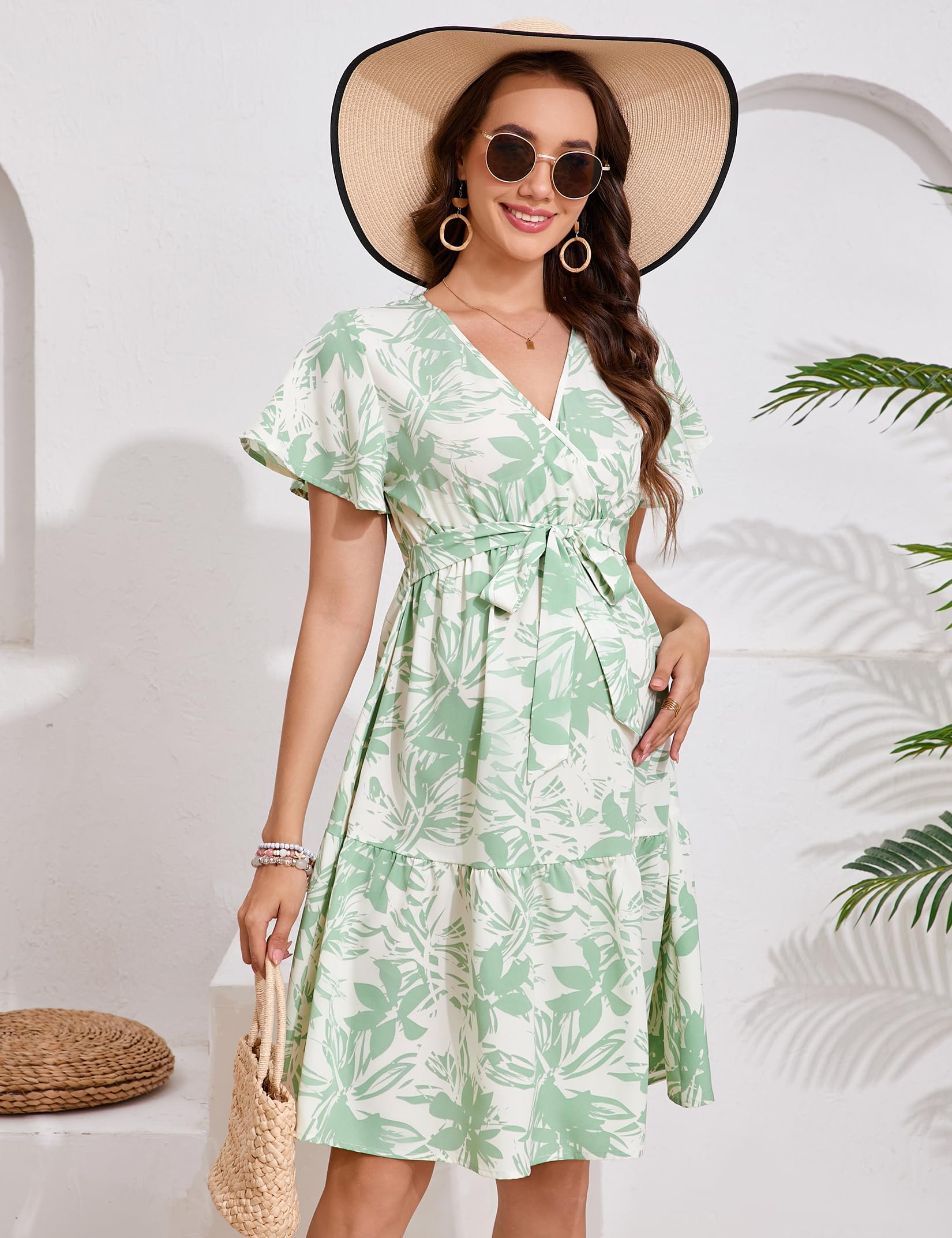 YesFashion Damen Umstandskleid Sommer V-Ausschnitt Stillkleid Kurzarm Elegant Schwangerschaftkleider Umstandsmode Kleid mit Gürtel(Verpackung MEHRWEG)