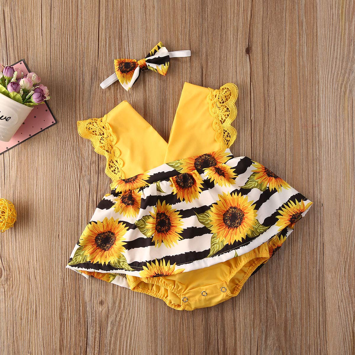 Infant Baby Girl Sunflower Romper Dress Sleeveless Lace Overall Jumpsuit Bodysuit Summer Clothes Outfits with Headband (Yellow, 6-12 Month)
