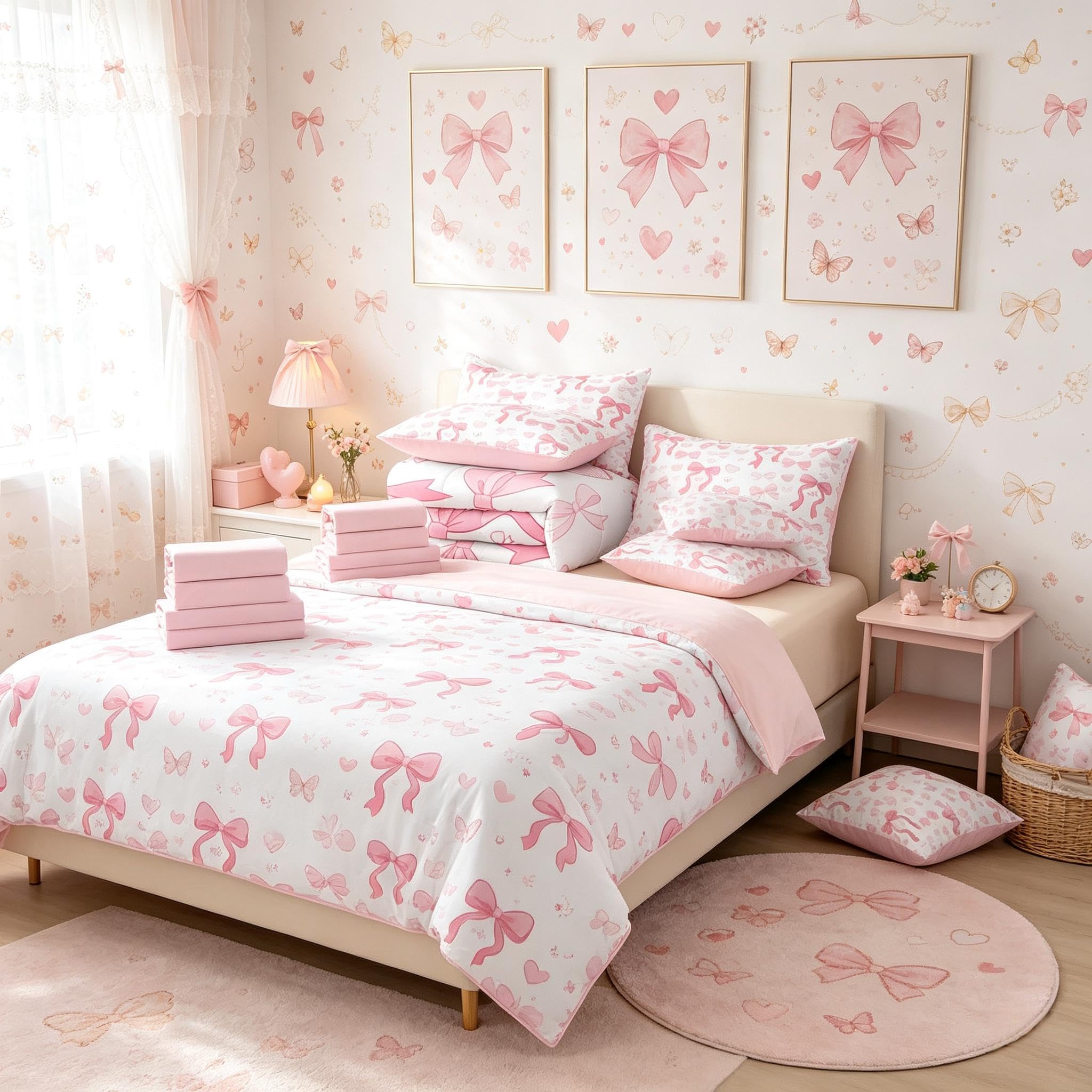 Homemissing Rosa Coquette Bow Lenzuola con arredamento letto camera da letto, carino Bowknot Letto Trapuntato bambini Bow Piumino Letto con lenzuola 7 pezzi 135x200cm Kawaii principessa microfibra