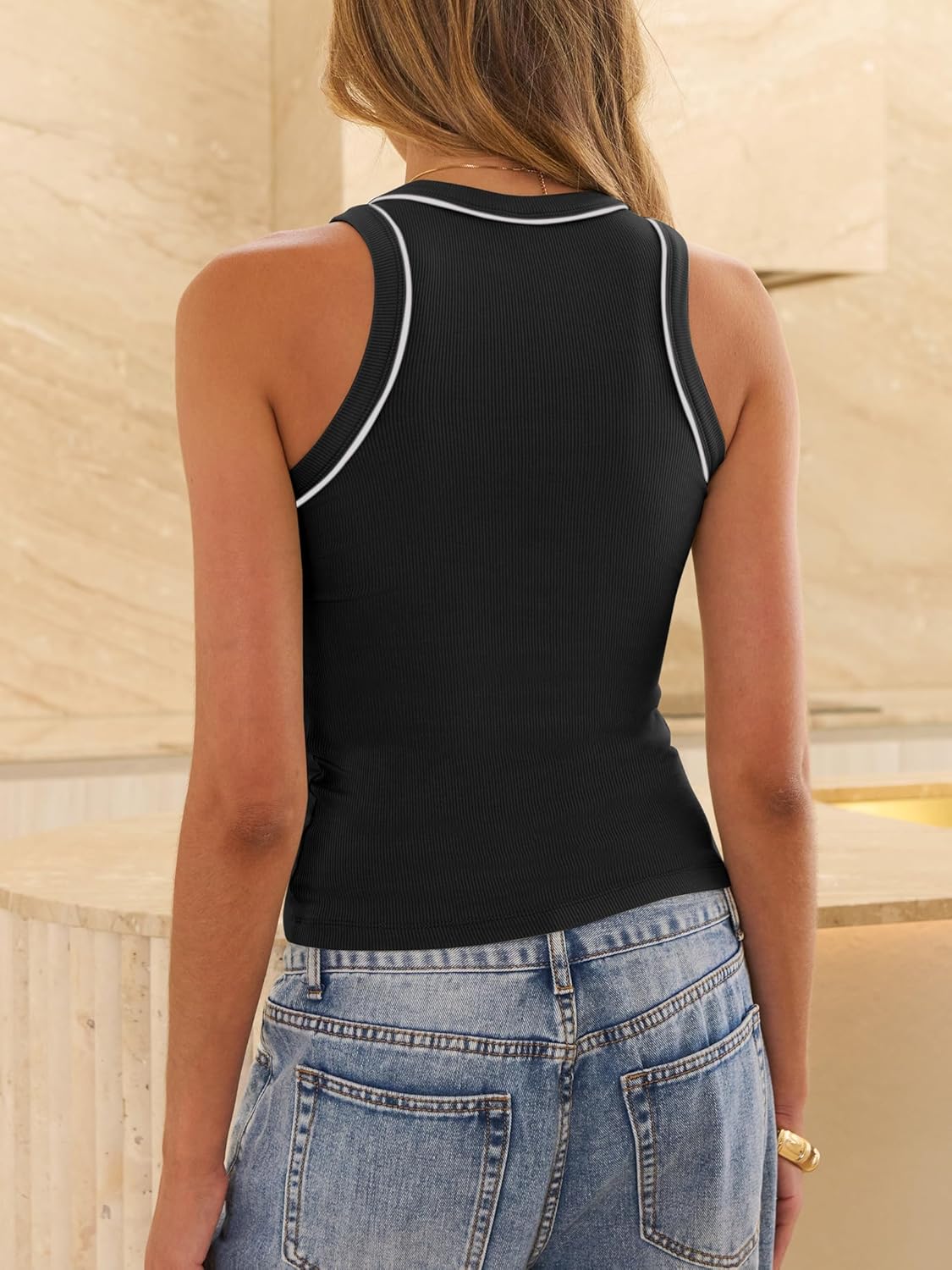 ANRABESS Womens Color Block Tank Tops High Neck Sleeveless Racerback Ribbed Knit Fitted Basic Tee Shirts 2026 Summer Clothes - Image 7