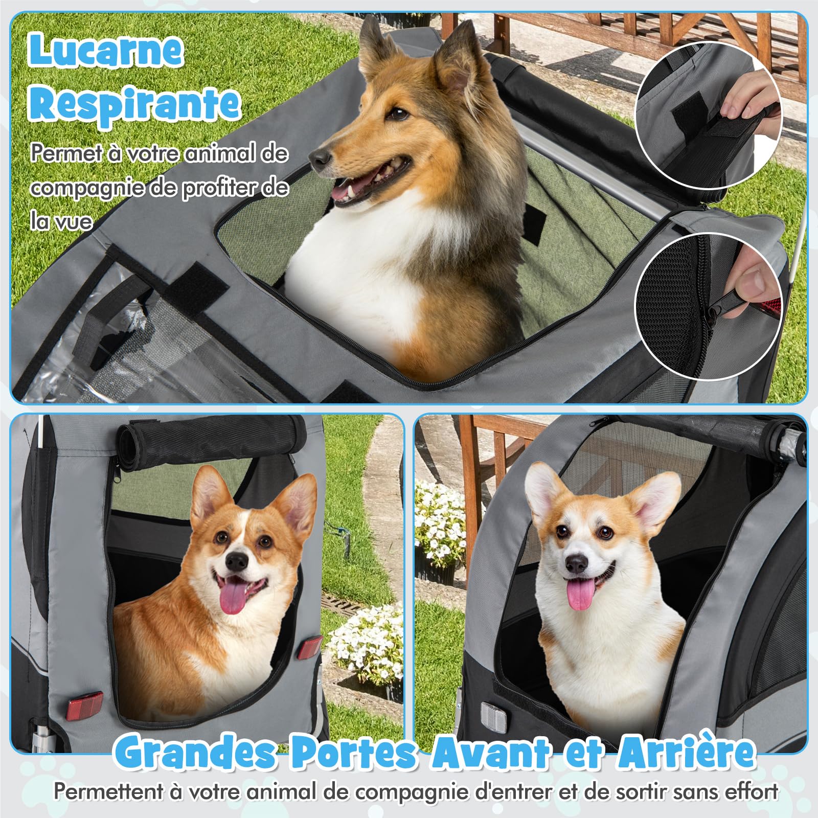 GOPLUS Remorque de Vélo pour Chien, Chariot pour Chien avec Drapeau de Sécurité, 8 Réflecteurs, Cadre Pliable, Roues à Dégagement Rapide, Convient aux Animaux, Charge Max. 40 kg (Gris)