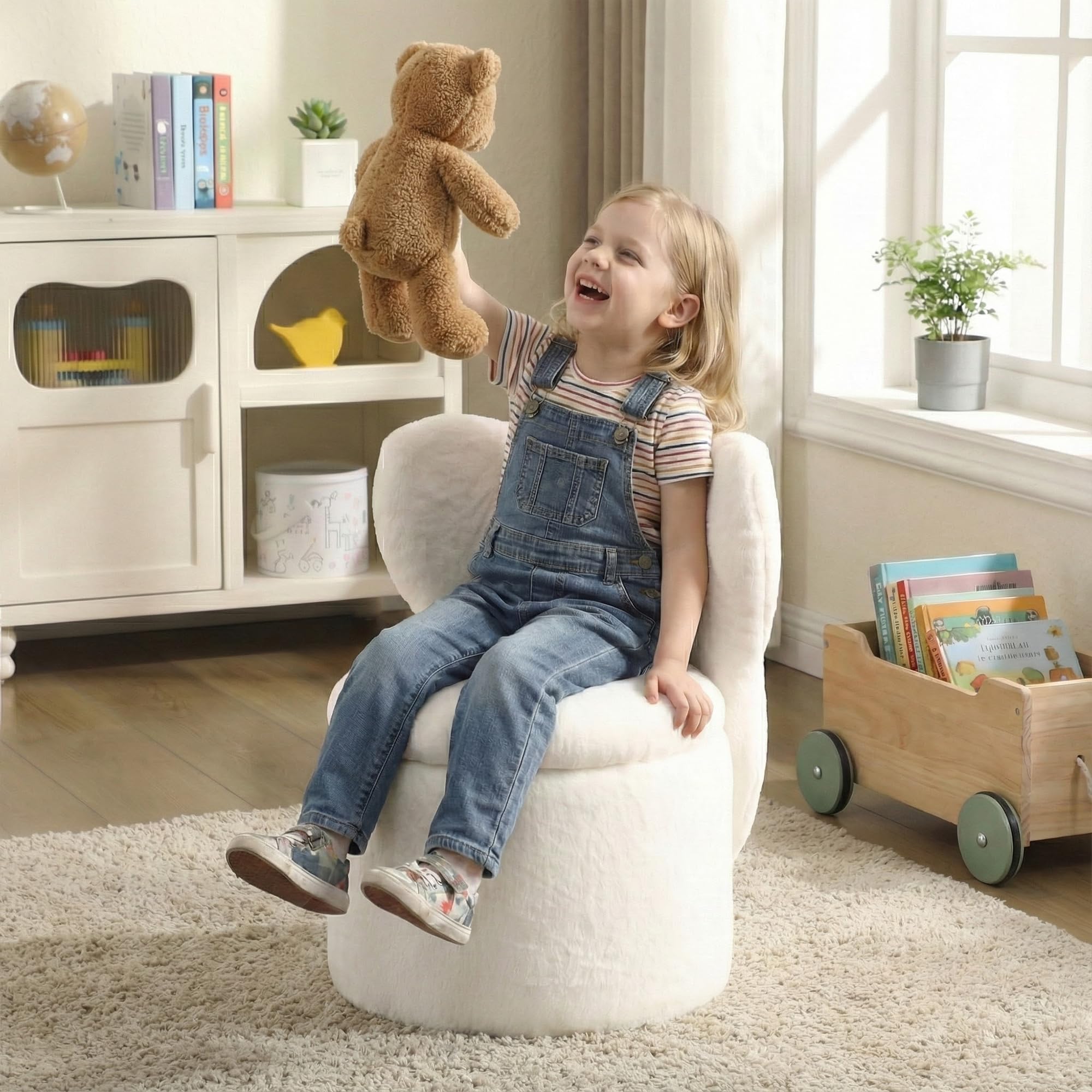 Toddler Chair Comfy Kids Reading Chairs, 2 in 1 Children Ottoman Chair, Kid Desk Chair for Girls, Cute Kids Chair with Storage, Butterfly Chair Stool Bnech for Bedroom/Living Room, White