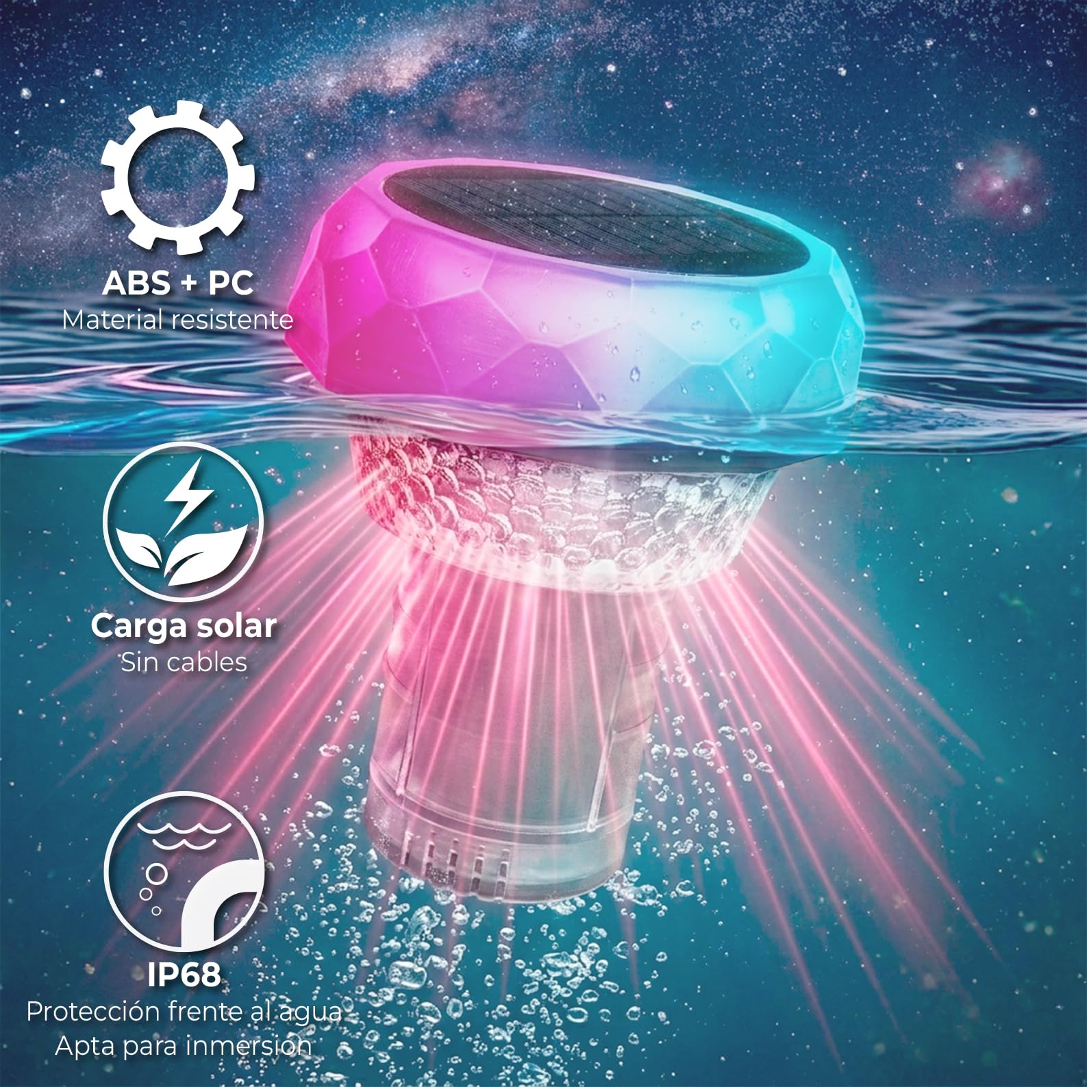 LED ATOMANT Dosificador Cloro Piscina Flotante con Luz Solar LED, Dispensador Cloro con Mando a Distancia, Luces Sumergibles RGB, Temporizador, IP68 Impermeable, Luces Flotantes para Jardin