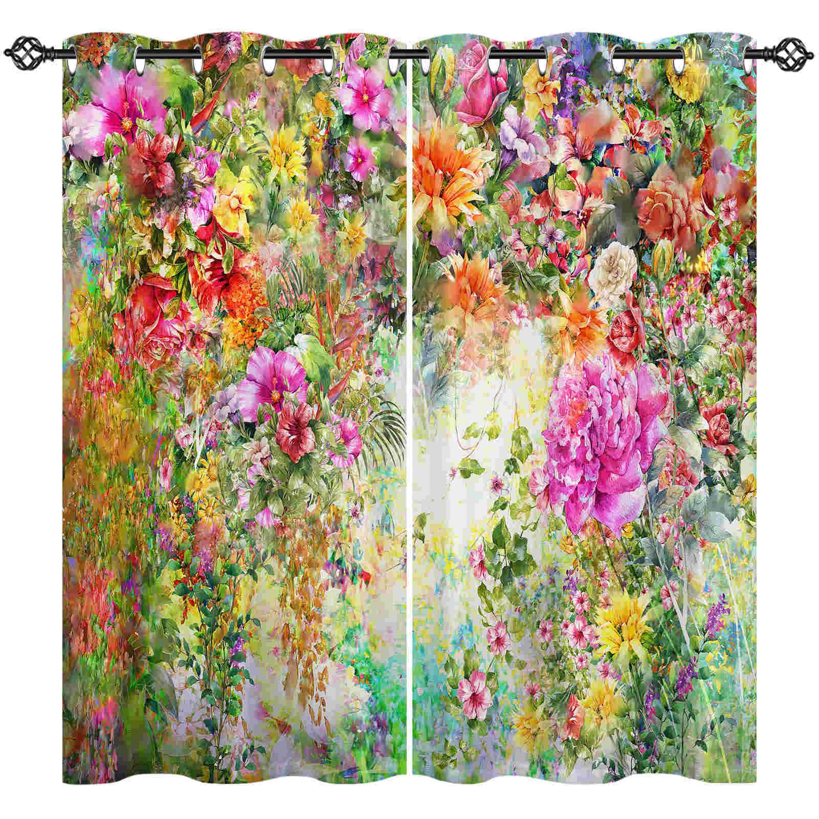 ANHOPE Floral Curtains Eyelet Soft Thermal Insulated Blackout Curtains Colorful Abstract Watercolor Plant Flower Print Pattern Ring Top Window Drapes for Bedroom Living Room 52 x 63 Inch Drop 2 Panels โ image 1