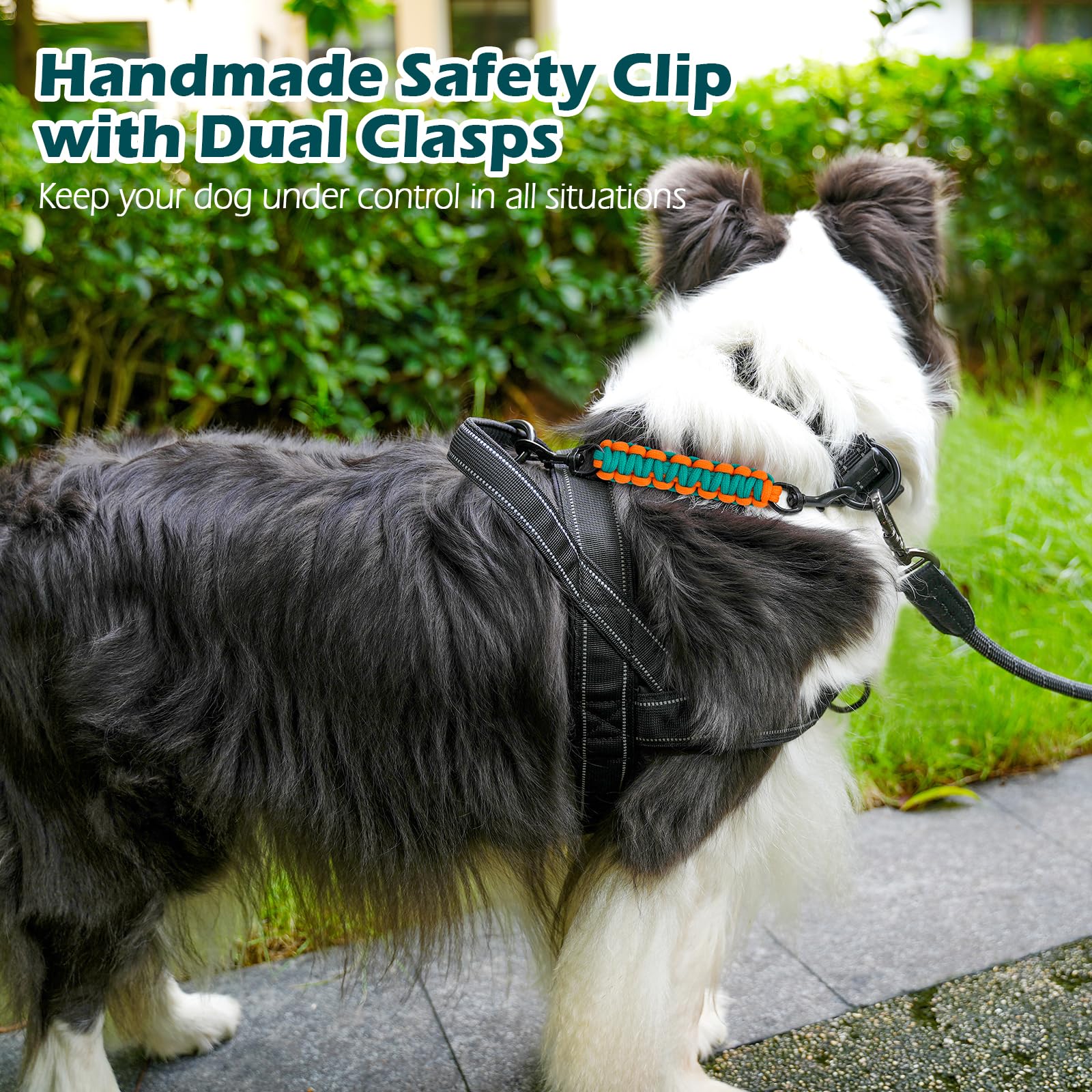 PetBonus Dog Collar Safety Clip, Handmade Backup Safety Strap for Dog Harness Double Ended Clasp Leash Connector (Turquoise, Orange) - Image 4