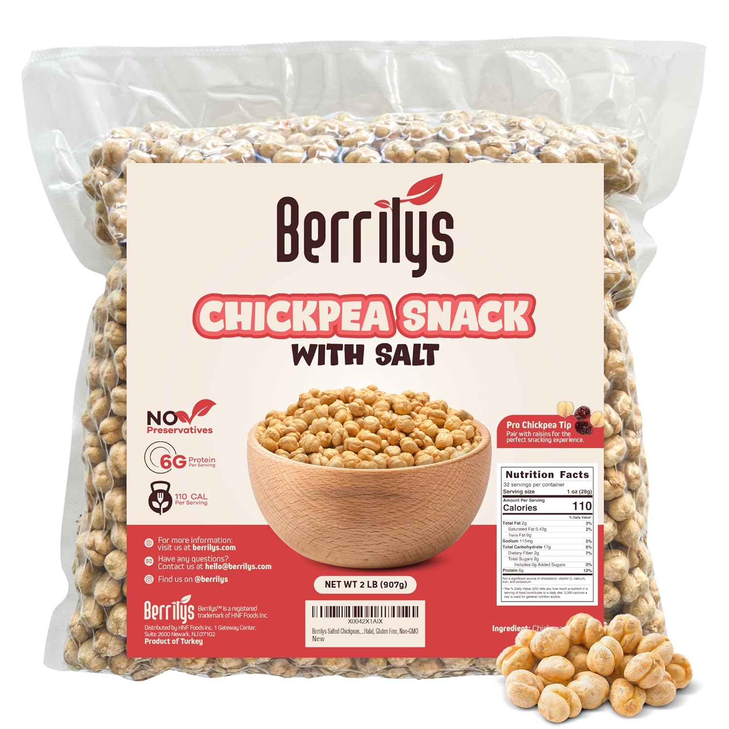 Berrilys Salted Chickpeas, 2 LB, Garbanzo Beans, Chickpea Snack with Seasalt, Halal