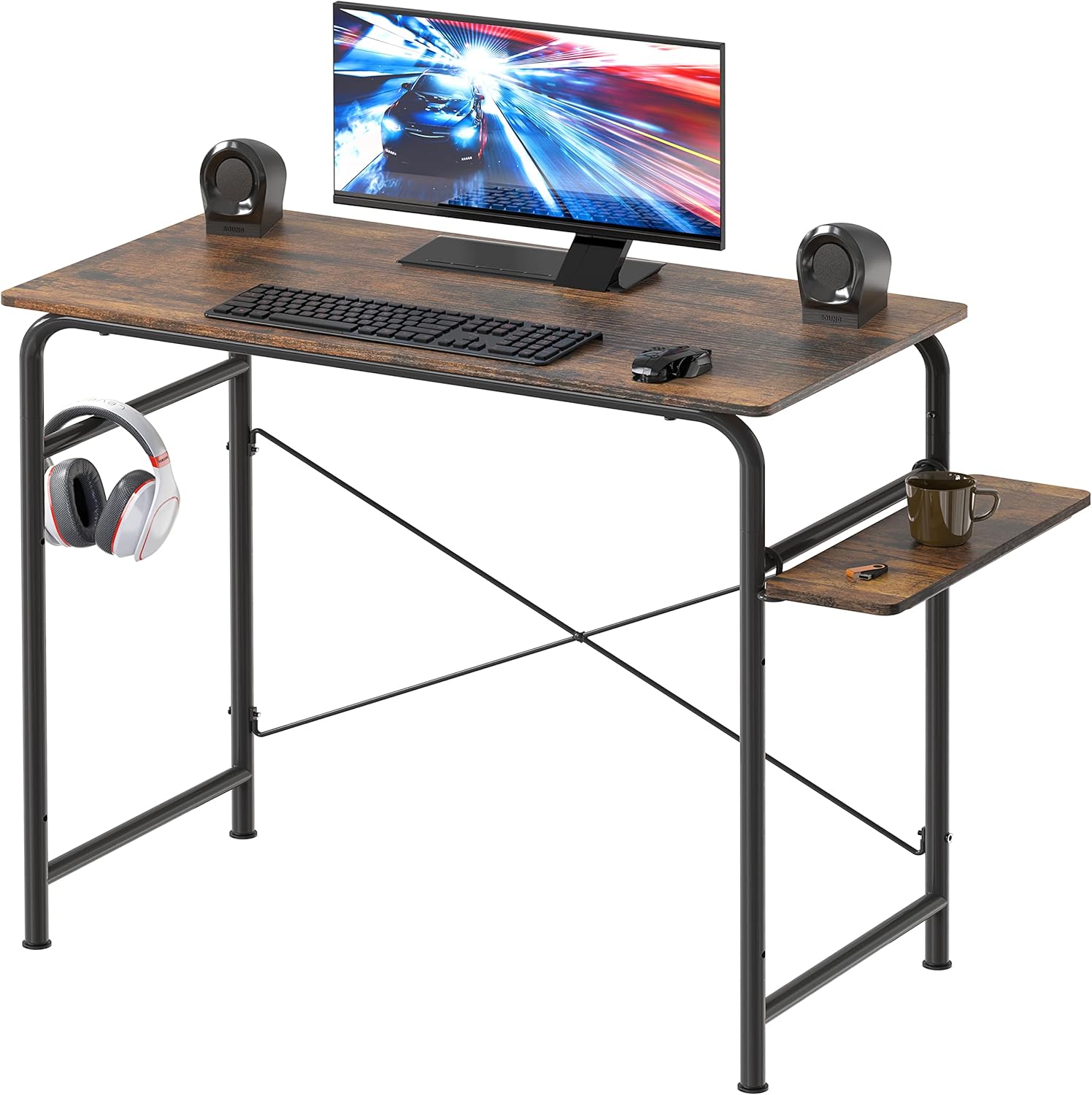 SHW 78cm Gaming Computer Desk with Shelf, Rustic Brown