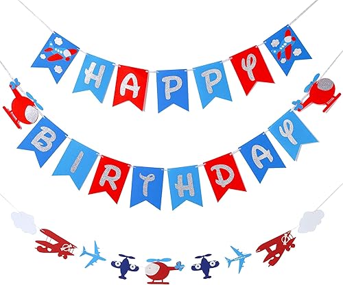 Miniatura 2 de Cartel de cumpleaños de avión y decoración de guirnalda para aviador, aviación, fiesta temática de cumpleaños, pancarta de fieltro con purpurina y