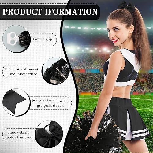 Miniatura 50 de Hanaive 3 pompones de animadora y lazo grande para animadora para el pelo, suministros metálicos para animadora de espíritu de equipo, deportes