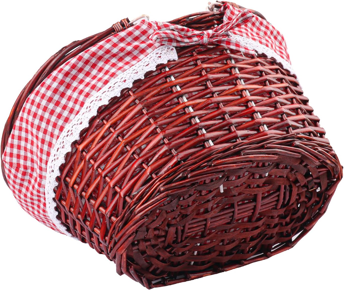 1 Pack 14.2 Inch Brown Wicker Basket with Checkered Lining, Oval Wicker Woven Basket with Handle, Willow Woven Picnic Baskets for Picnic, Camping, Party