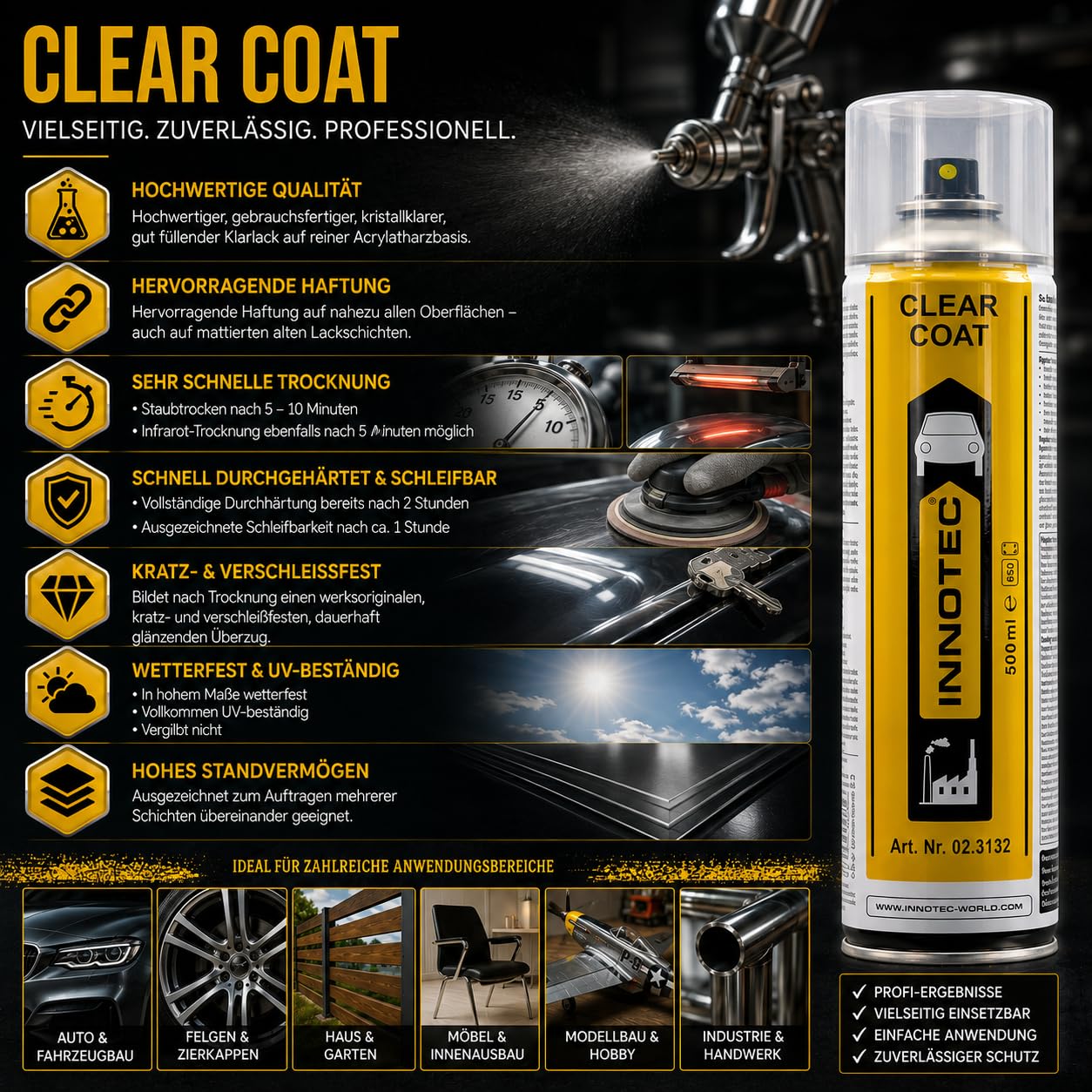 4 Stück Innotec Klarlack Clear Coat - transparent glänzend - für ein glänzendes Finish - zum Fixieren und Schützen der Lackierung - Klarlack Spray - glänzender Autolack - schnelltrocknende - 500ml