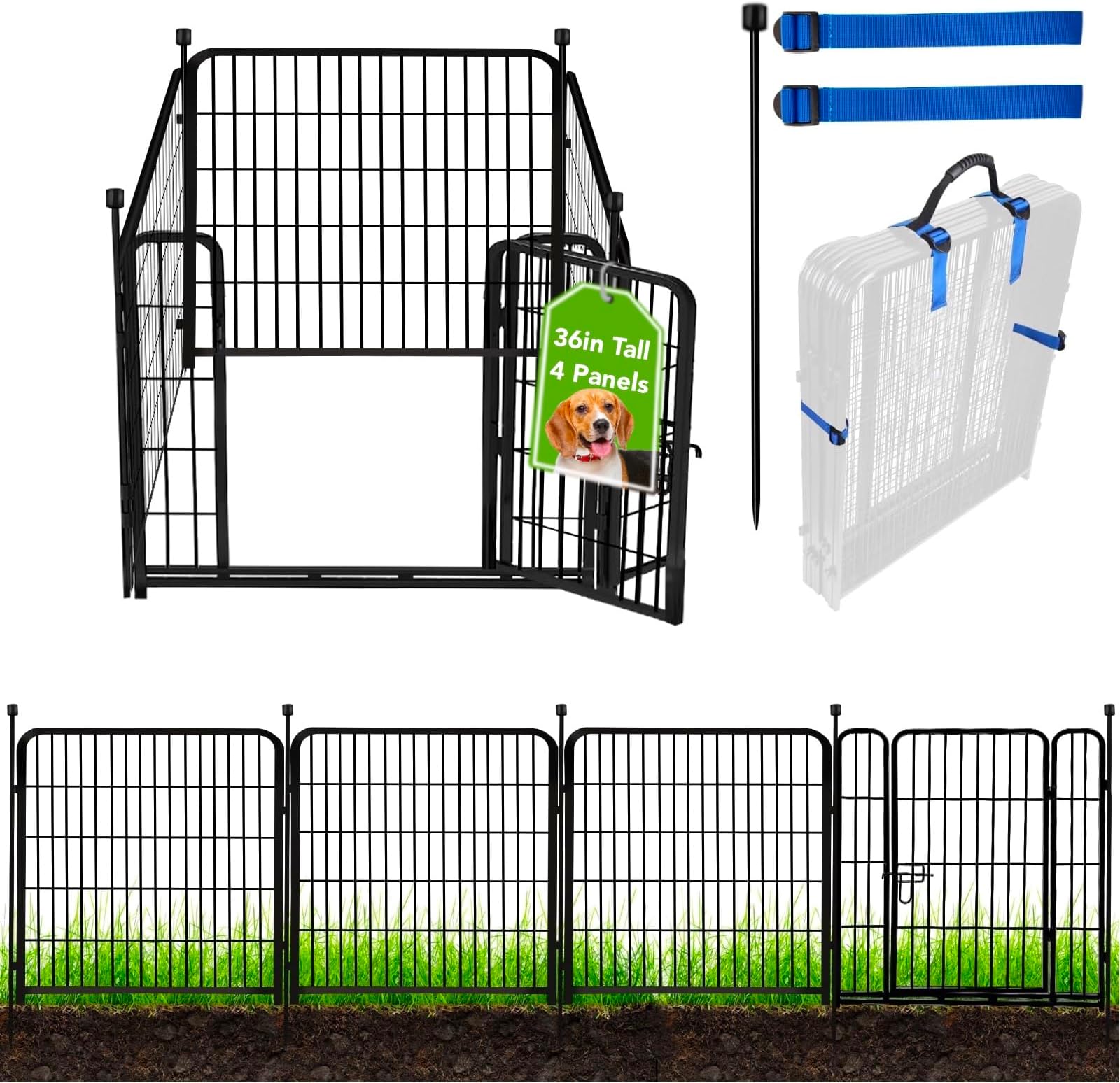 ADAVIN Tall Garden Fence with Gate, 36 in(H) 4 Panels Heavy Duty Iron Metal Animal Barrier Fence, Fence Blocker for Dogs, Portable Temporary Fencing. Total 9 Ft(L). Black