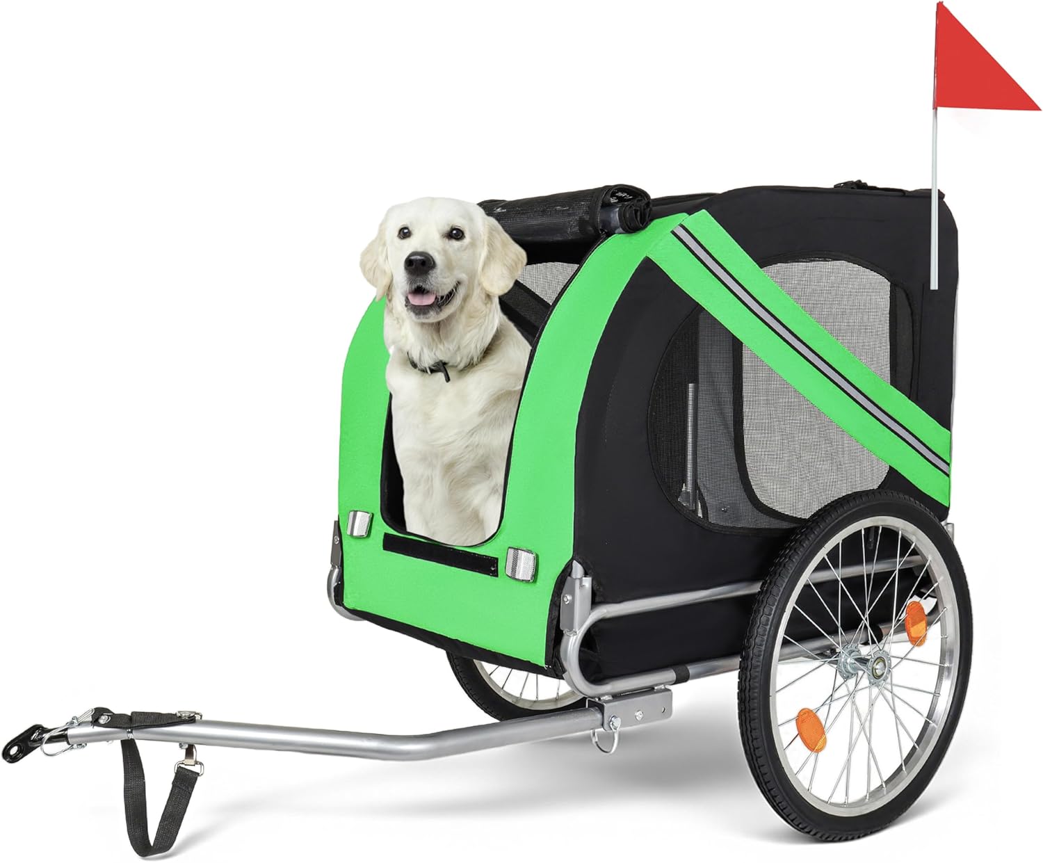 Dog Bike Trailer, Supports up to 100 lbs, Pet Cart Bicycle Carrier, Easy Folding Frame with Quick Release Wheels, Universal Bicycle Coupler, Reflectors, Flag, Collapsible to Store, Black+Green