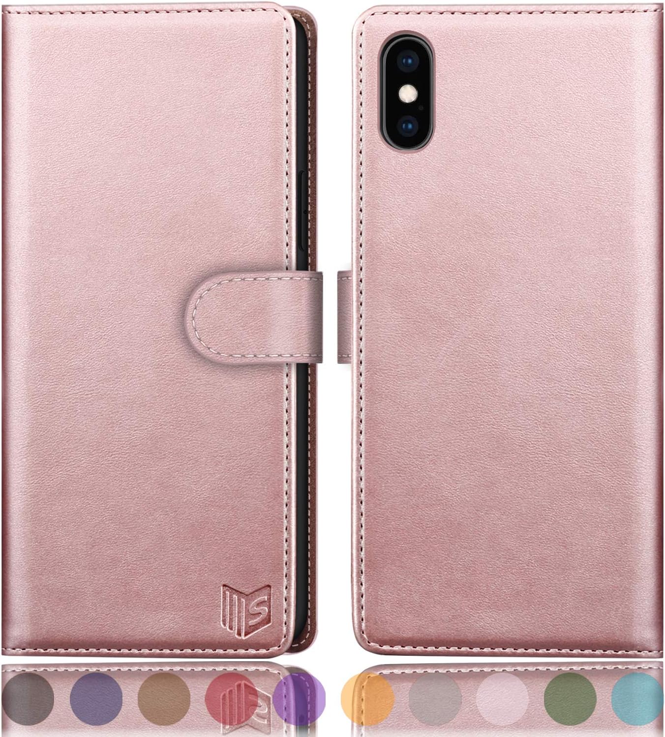 SUANPOT for iPhone X/XS 5.8"(Non XS Max 6.5") with RFID Blocking Leather Wallet case Credit Card Holder, Flip Folio Book Phone case Shockproof Cover for Women Men for Apple X/Xs case Wallet Rose God