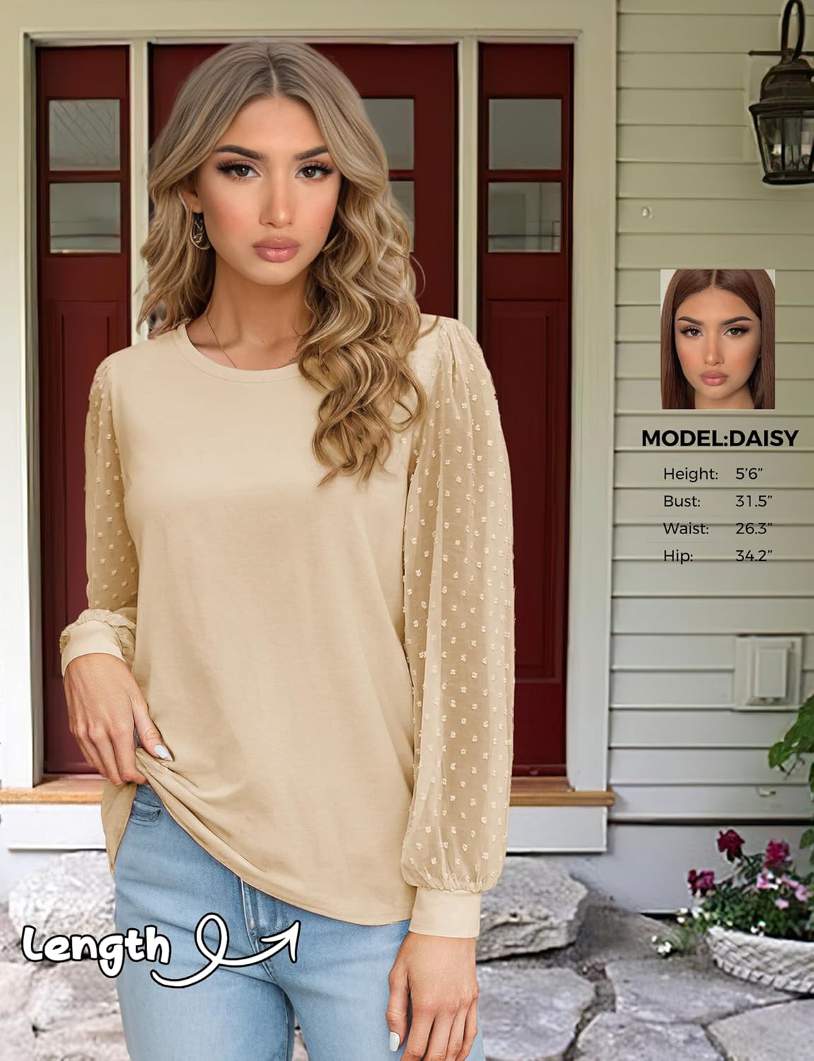 AURUZA Womens Mesh Long Sleeve Shirts Dressy Casual Blouses Tops Balloon Tunic Trendy Crew Neck Clothes Outfits - Image 7