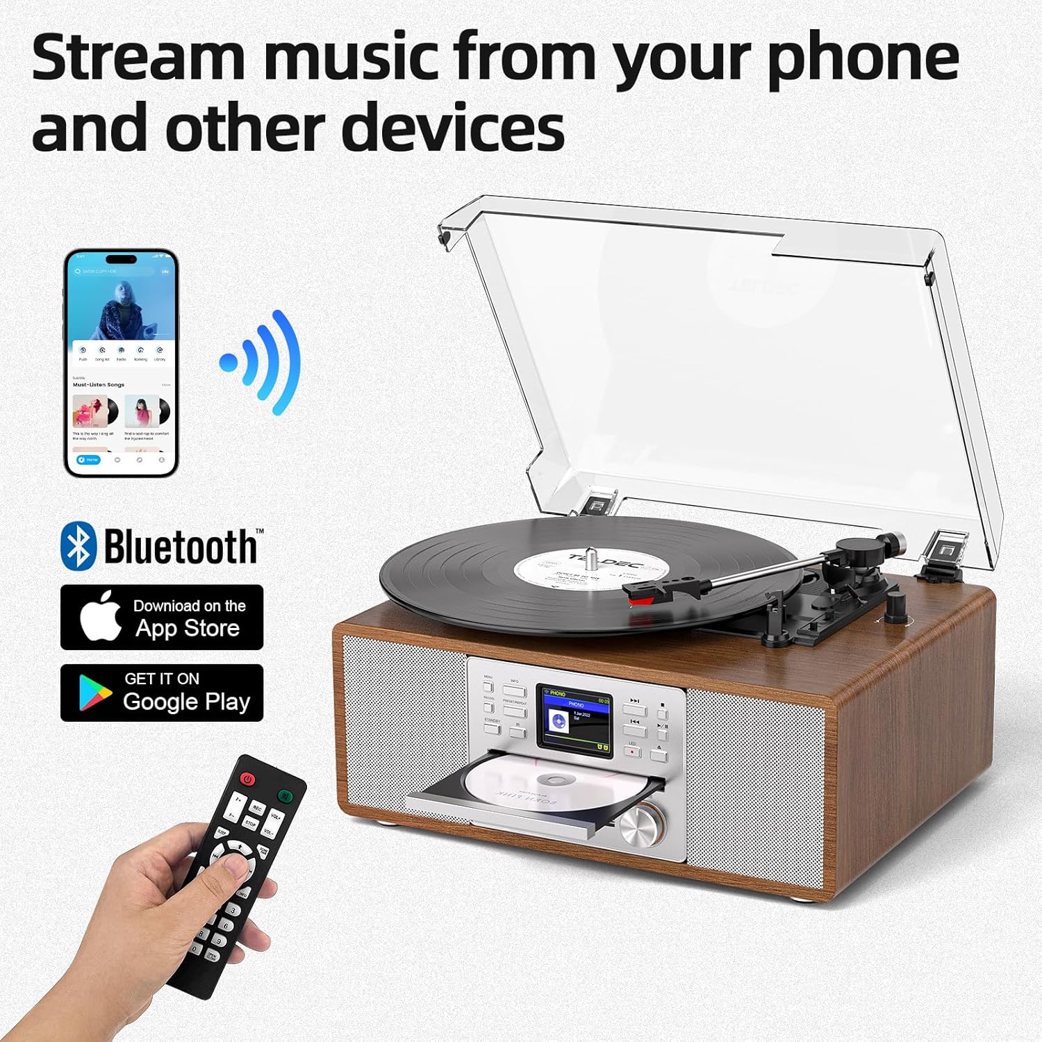 10-in-1 Retro Bluetooth Record Player with Built-in Stereo Speakers | Wireless 3-Speed Turntable for Vinyl, CD, MP3, USB/SD, Internet Radio | Headphone Jack & MP3 Recording | Vintage Multimedia Center