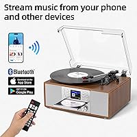Vista 2 de 10-in-1 Retro Bluetooth Record Player with Built-in Stereo Speakers Wireless 3-Speed Turntable for Vinyl, CD, MP3, USB/SD, Internet Radio