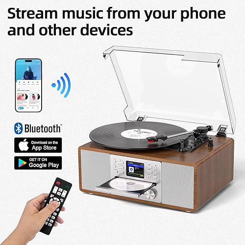 Miniatura 5 de Tocadiscos Bluetooth retro 10 en 1 con altavoces estéreo integrados, tocadiscos inalámbricos de 3 velocidades para vinilo, CD, MP3, USBSD, radio por