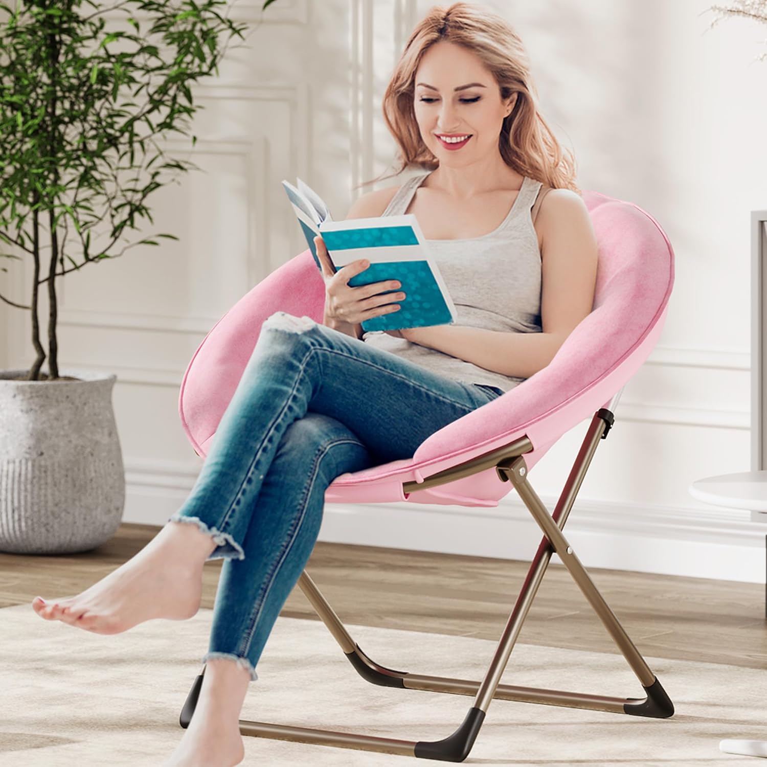 IDEALHOUSE Comfy Folding Padded Saucer Chair, Folding Circle Chair with Metal Frame, Soft Moon Chair for Bedroom, Dorm Rooms, Apartments, Lounging, Garden and Courtyard, Pink