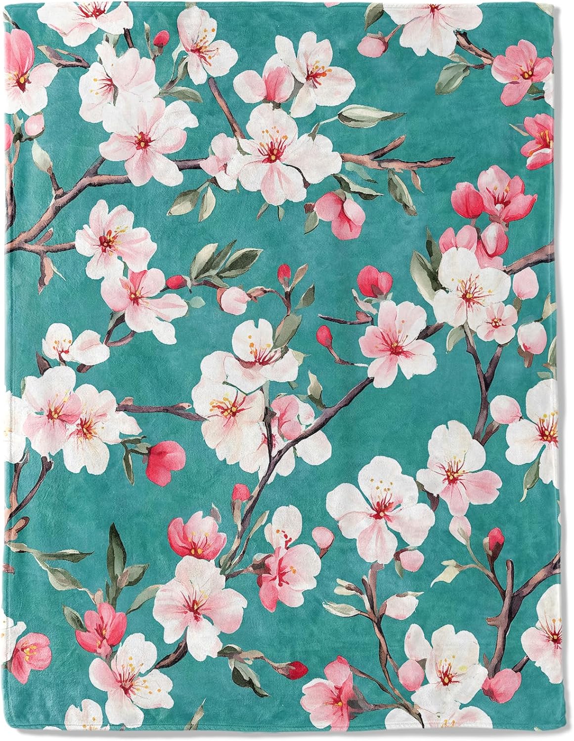 Cherry Blossom Branches Flannel Blanket - Lightweight Soft Cozy Unique Gifts Blankets for Floral Lovers,Kids,Adult,Women, Elegant Teal Background Art Throw,Home Room Modern Decor 50x60in