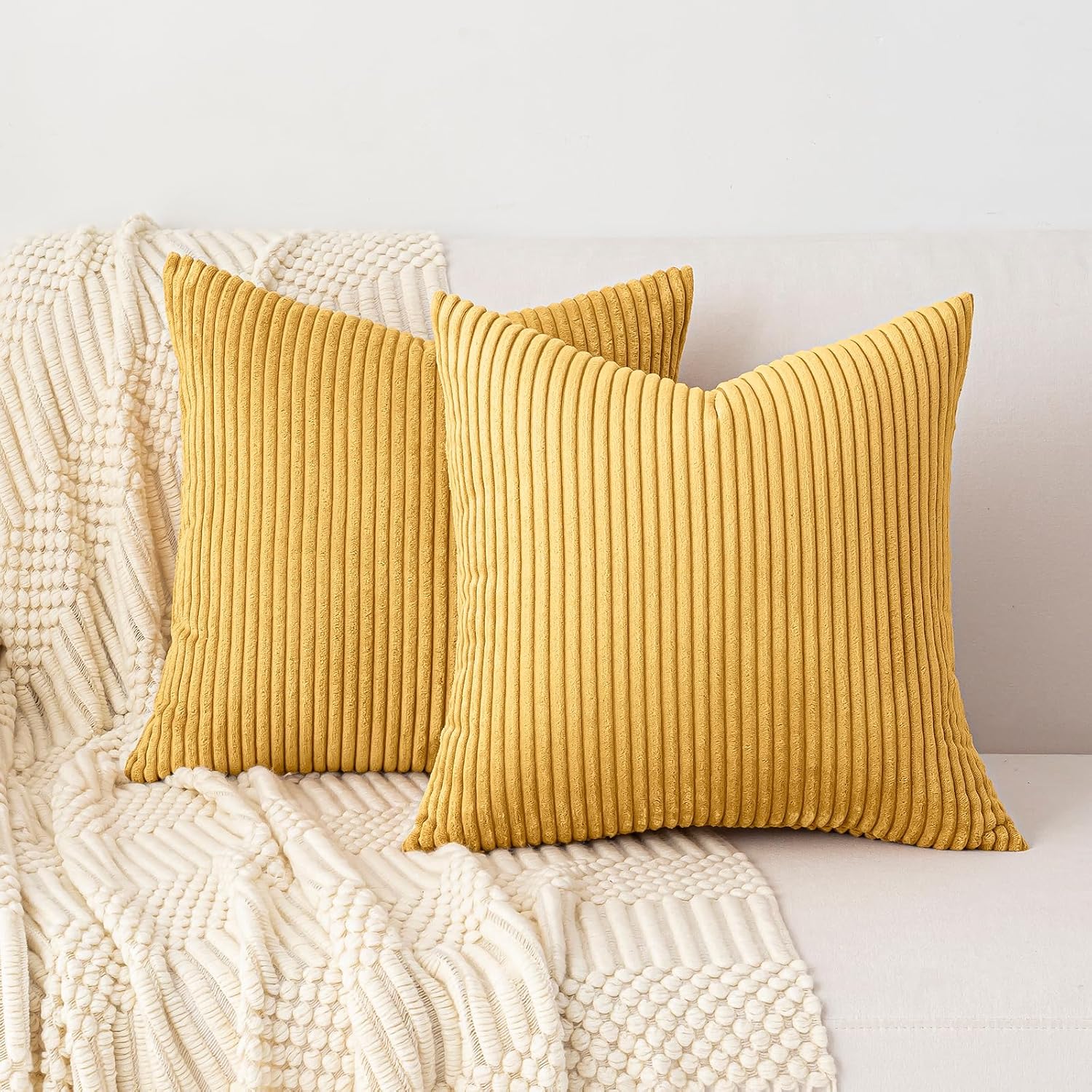 Set of 1 Big Size Throw Pillow Cover 32x32 Inch Mustard Yellow, Soft Striped Corduroy Cushion Case Modern Farmhouse Home Decor for Living Room Couch Bed