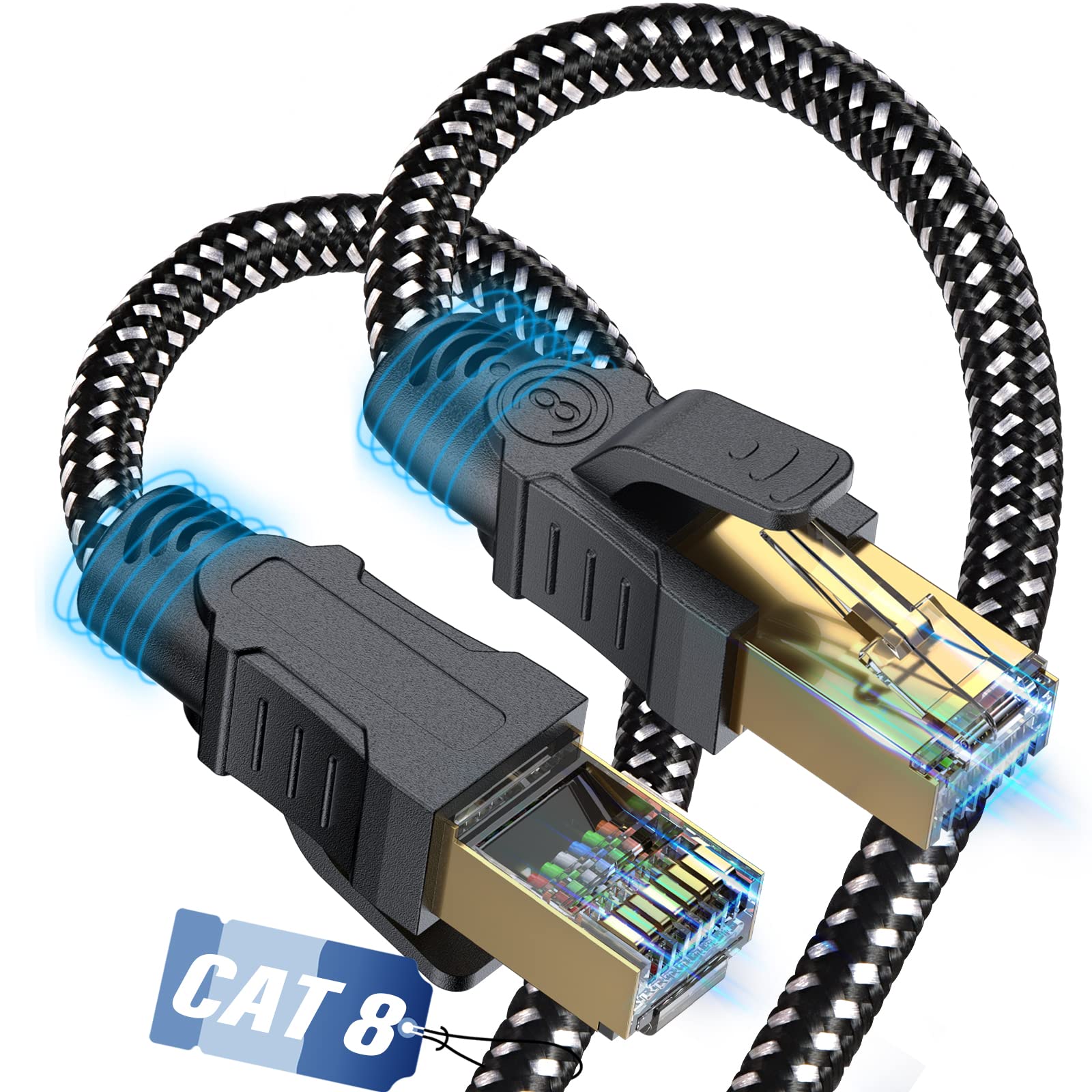 Cat 8 Ethernet Cable,High Speed Heavy Duty 40Gbps 2000Mhz Network LAN Patch Cord SFTP RJ45 Internet Cable Shielded in Wall, Indoor&Outdoor for Router,Modem,Gaming,PS5,Switch (35ft, Black)