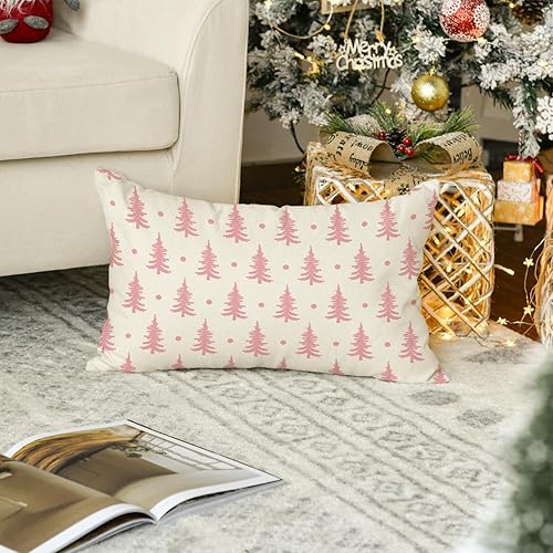 Miniatura 5 de AVOIN colorlife Funda de almohada rosa con árboles de Navidad, 12 x 20 pulgadas, decoración de sofá y vacaciones de invierno