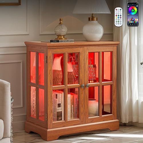 Gabinete de 32 pulgadas de alto LED Accent Curio con 7 luces de color para coleccionables, gabinete de almacenamiento moderno con puertas de vidrio