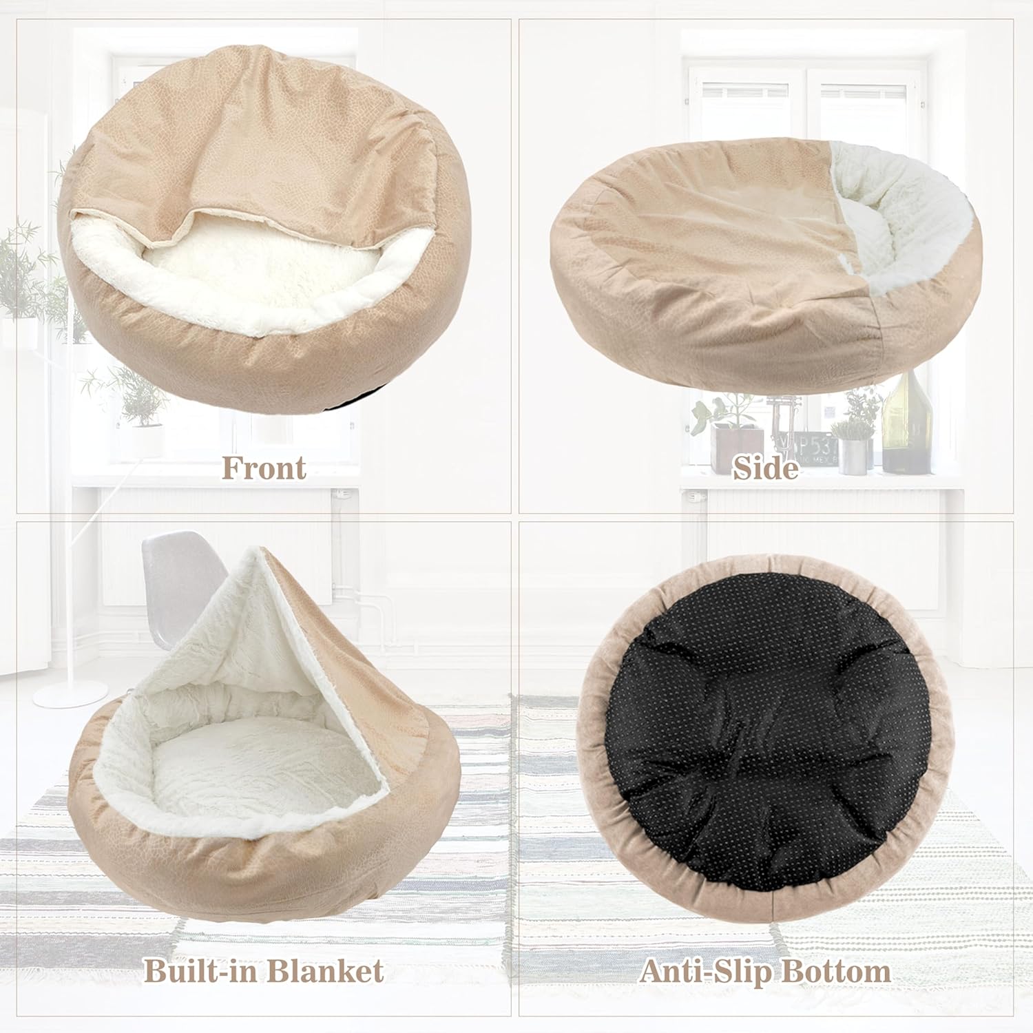 review Dog Bed Warm with Hooded Blanket, Anti-Anxiety Puppy Pet Bed Cave Super Soft, Non-Slip Bottom, Machine Washable, Cozy Donut Indoor Pet Beds Fluffy for Dogs and Cats, Fits up to 39.7lbs, 31.5inch Beige