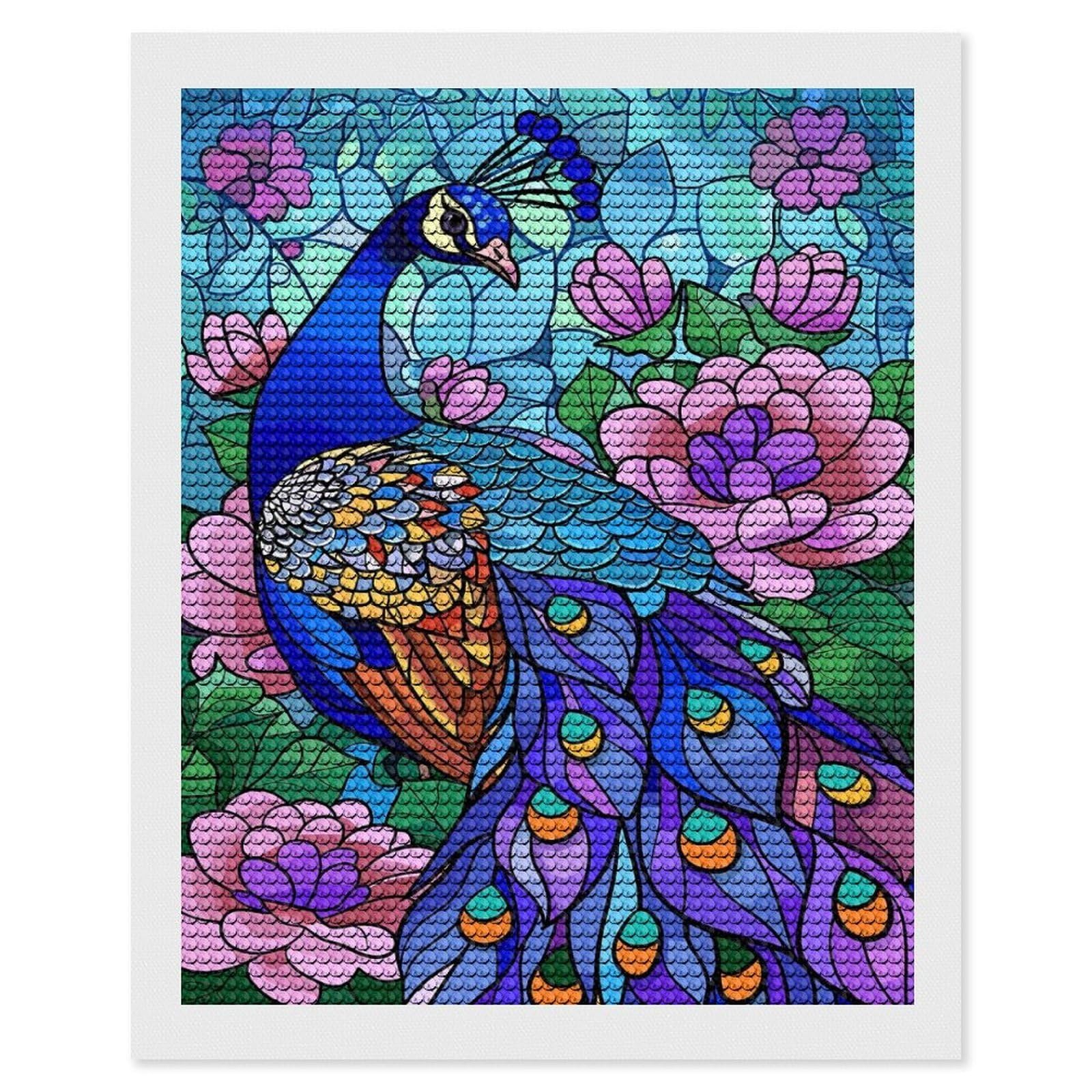 Junmoney Stained Glass Peacock with Flowers Diamond Painting Canvas Set 16"x20", for Women, Mindful Craft Activity, Cosy Home Accent, Festive Craft Gift