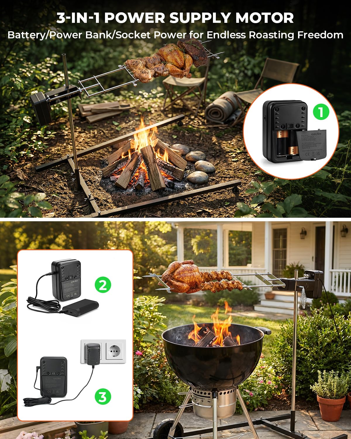 Onlyfire Edelstahl Spanferkelgrill mit Motor, Elektrischer Drehspieß, Höhenverstellbarer Spießgrill, Grillspieß Set für Feuerstelle, Lagerfeuer und Holzkohlegril, 3-Fach Stromversorgung | Verstellbarer Grillspieße für den Außenbereich, Belastung 10 kg, Mo