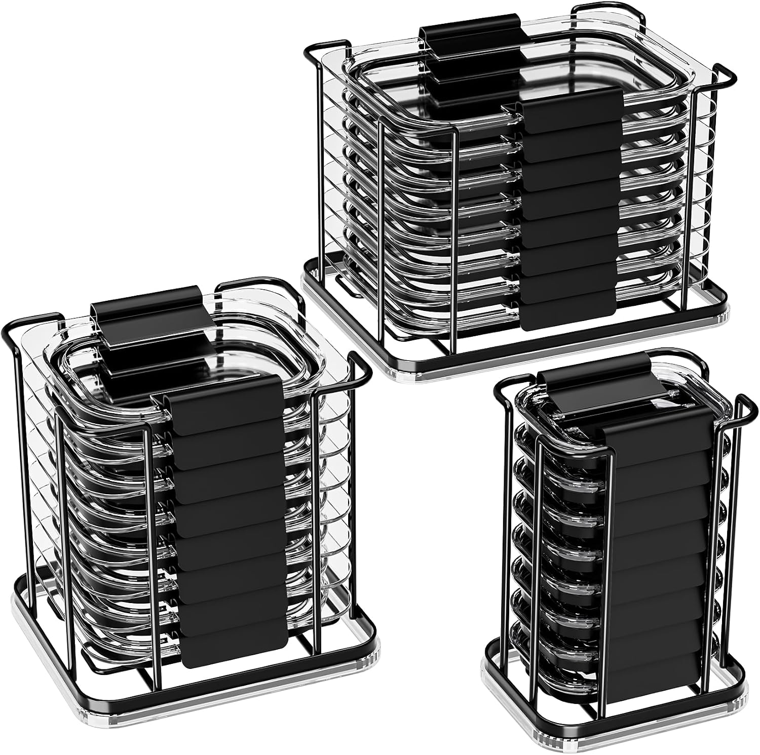 Food Container Lid Organizer Compatible with Rubbermaid Brilliance Snap-on Lids, All Metal 3-Piece Stackable Kitchen Storage Holder, Holds 24 Lids for 4.7/3.2/1.3/0.5 Cup Containers
