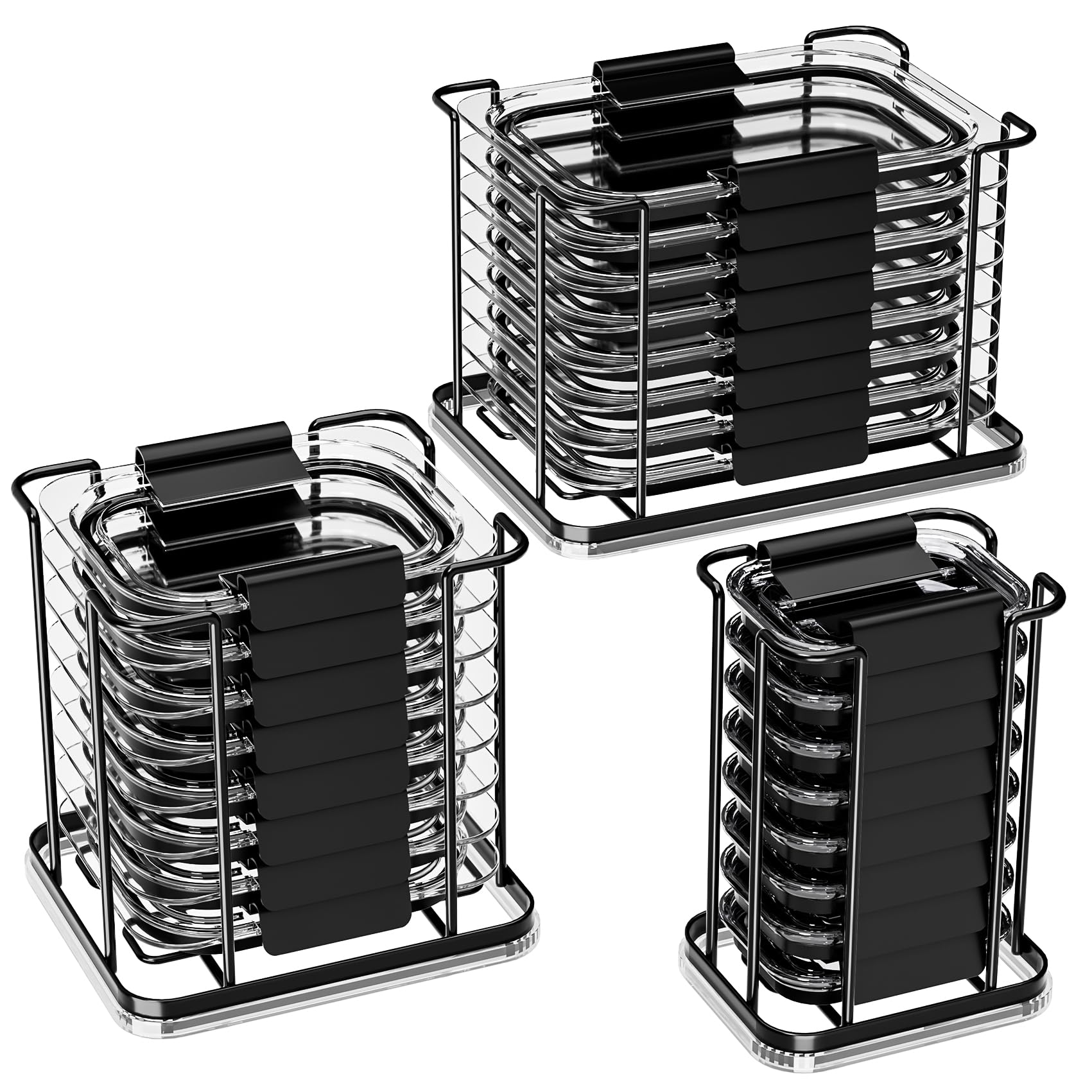 Stackable Food Container Lid Organizer for Kitchen Cabinet Storage, Black | Designed for Rubbermaid Brilliance Snap-on Lids 3-Piece Metal Lid Rack - Can Holds 24 Lids for 4.7/3.2/1.3/0.5 Cup Containers