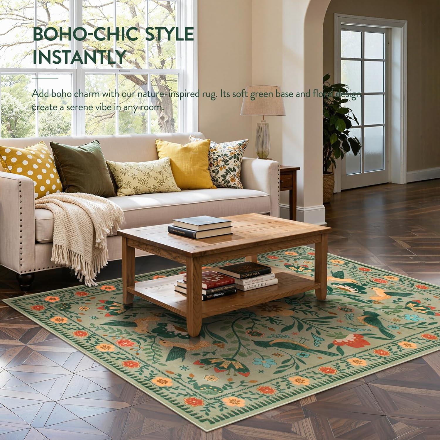 Moynesa Living Room Rug 5x7, Washable Modern Farmhouse Green Area Rugs for Bedroom Dining Room, Country Floral Bird Print Pattern Carpet, Aesthetic Home Decorations Open Floor Areas Protection - Image 3