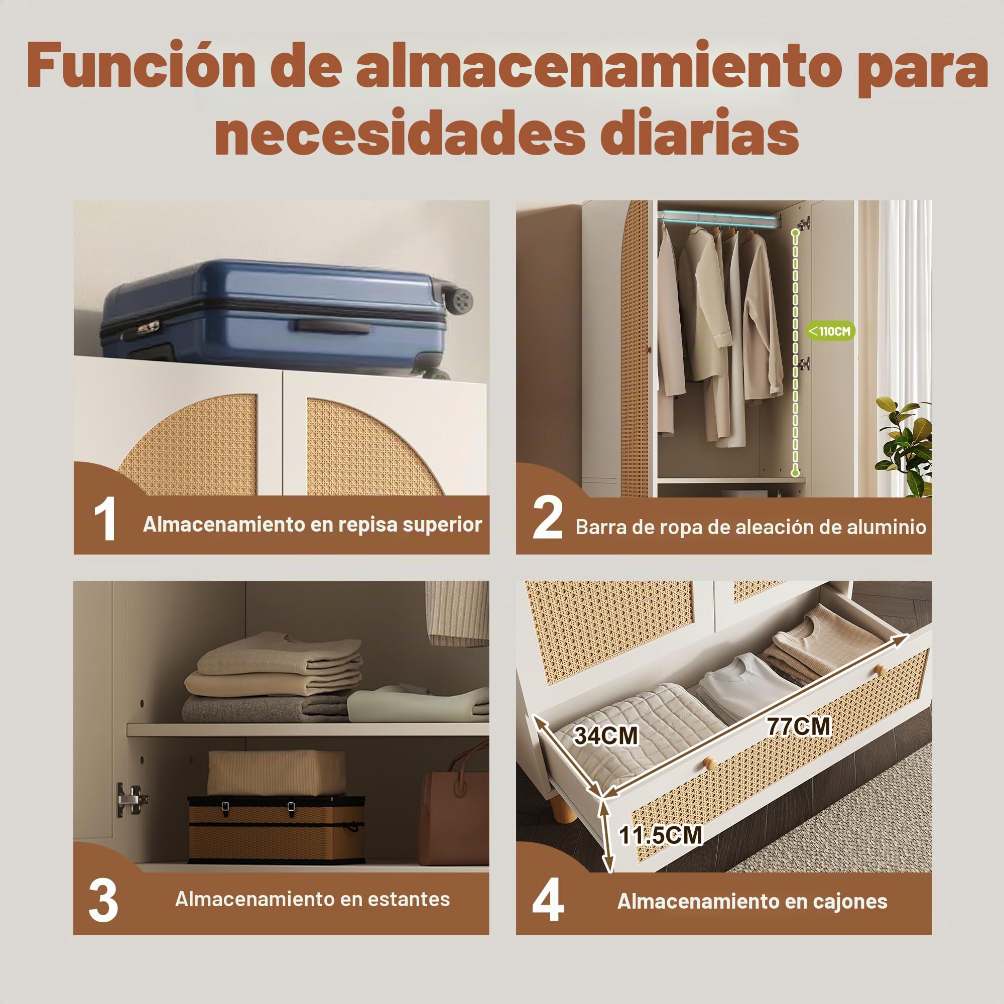 Armario con 2 puertas y ratán, estilo rústico, color blanco, con cajón grande, estantes ajustables en altura y barra para ropa, incluye protección antivuelco, 180 x 85 x 52 cm (alto x ancho