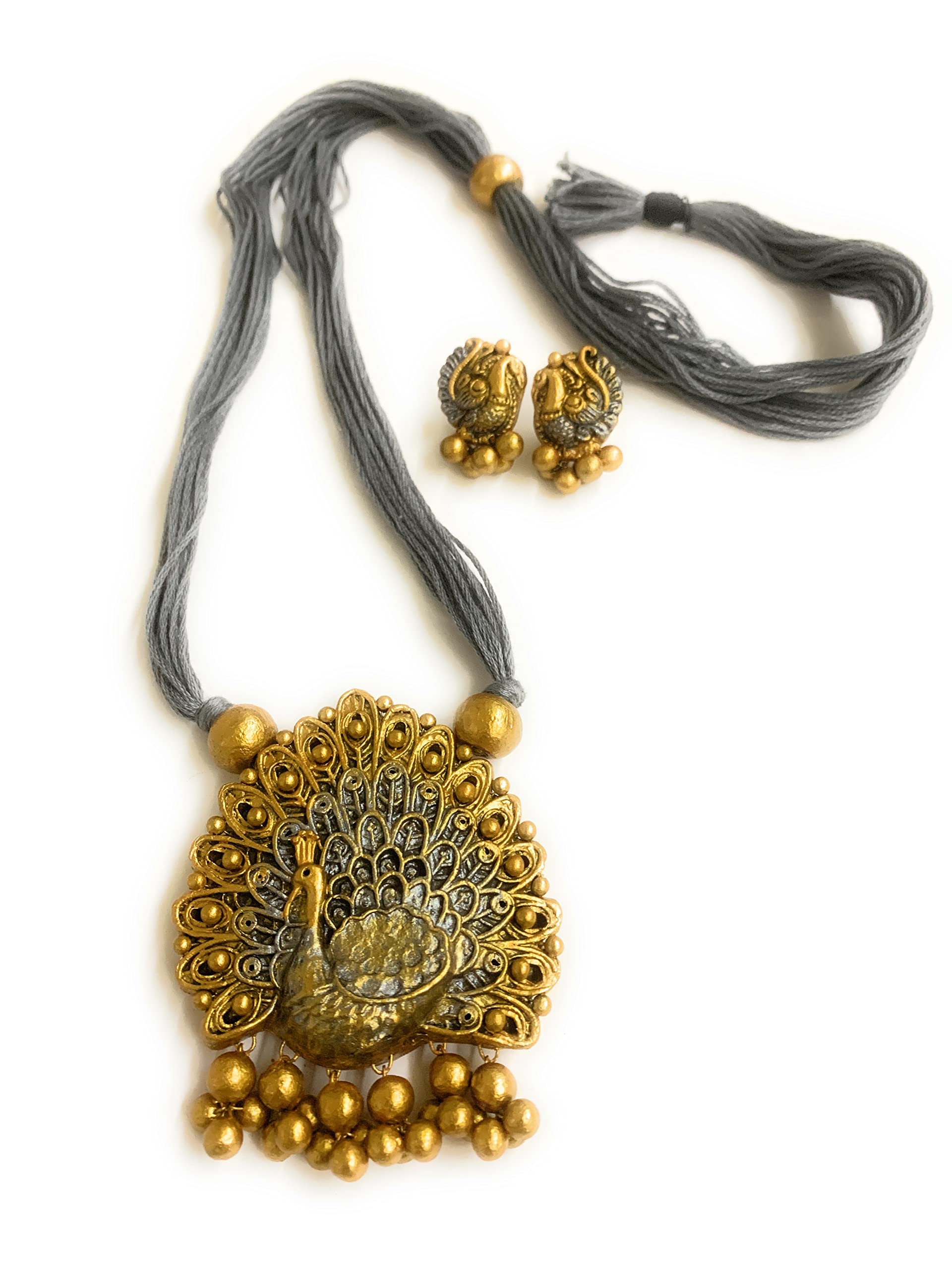 Sanaas Terracotta Handmade Jewellery in Peacock pendant rope necklace set in Grey&Gold (B09X1JDVJ7) Amazon Price History, Amazon Price Tracker