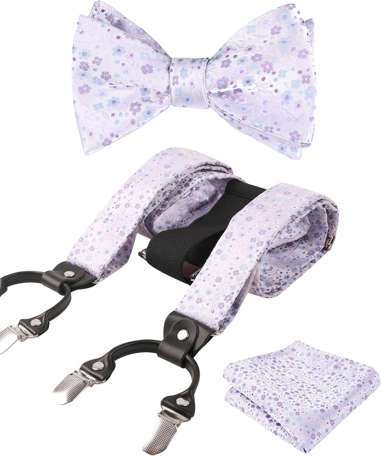 Alizeal Colorful Floral Pattern Suspenders and Self Tied Bow Tie for Men with Pocket Square Set