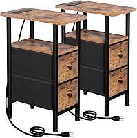 LOAKEKEL Narrow Nightstand Set of 2 with Charging Station, Skinny Side Table Fabric Drawers, Slim Sofa End Table for Bedroom Small Spaces Brown