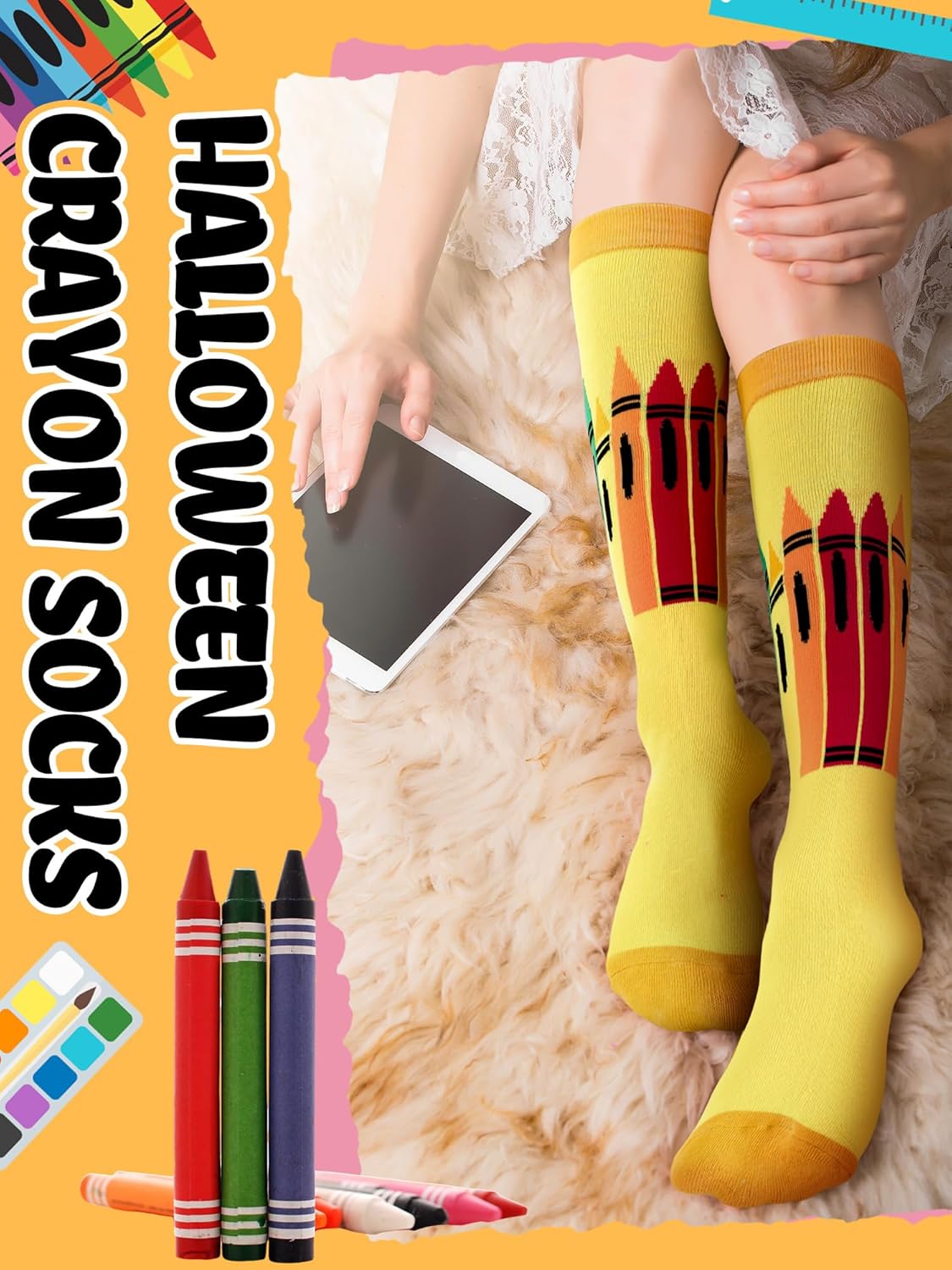 8 Pairs Colorful Crayon Knee High Socks Pencil Crayon Socks for Women Girl Teacher Costume School Supply - Image 5