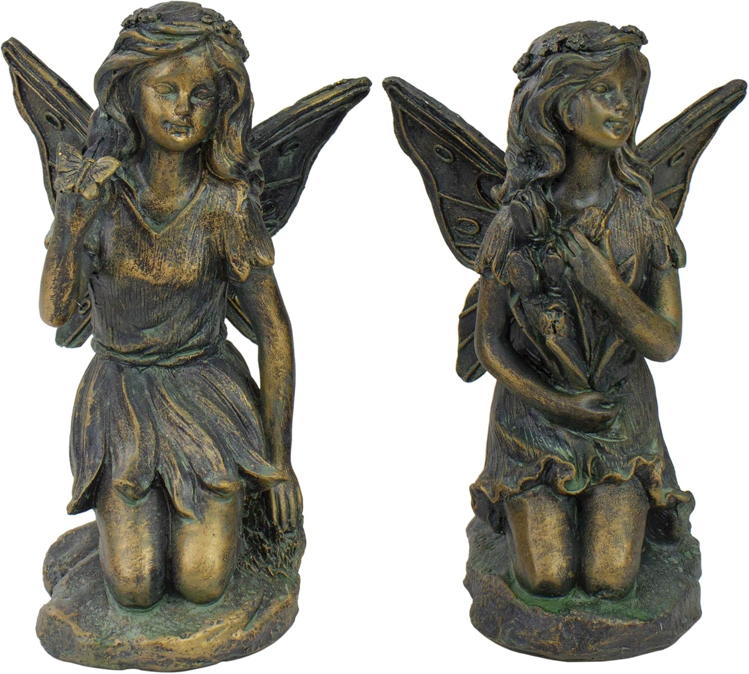 Northlight Set of 2 Bronze Kneeling Fairies with Flowers and a Butterfly Outdoor Garden Statues - 7"