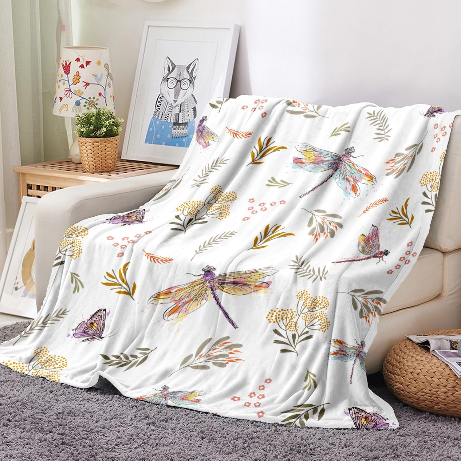 Dragonfly Throw Blanket Floral Flower Throw Blanket Botanical Plant Flannel Fleece Throw Blankets Butterfly Cozy Fuzzy Plush Throw Blankets for Bed Chair Couch 50" X 60" - Image 2