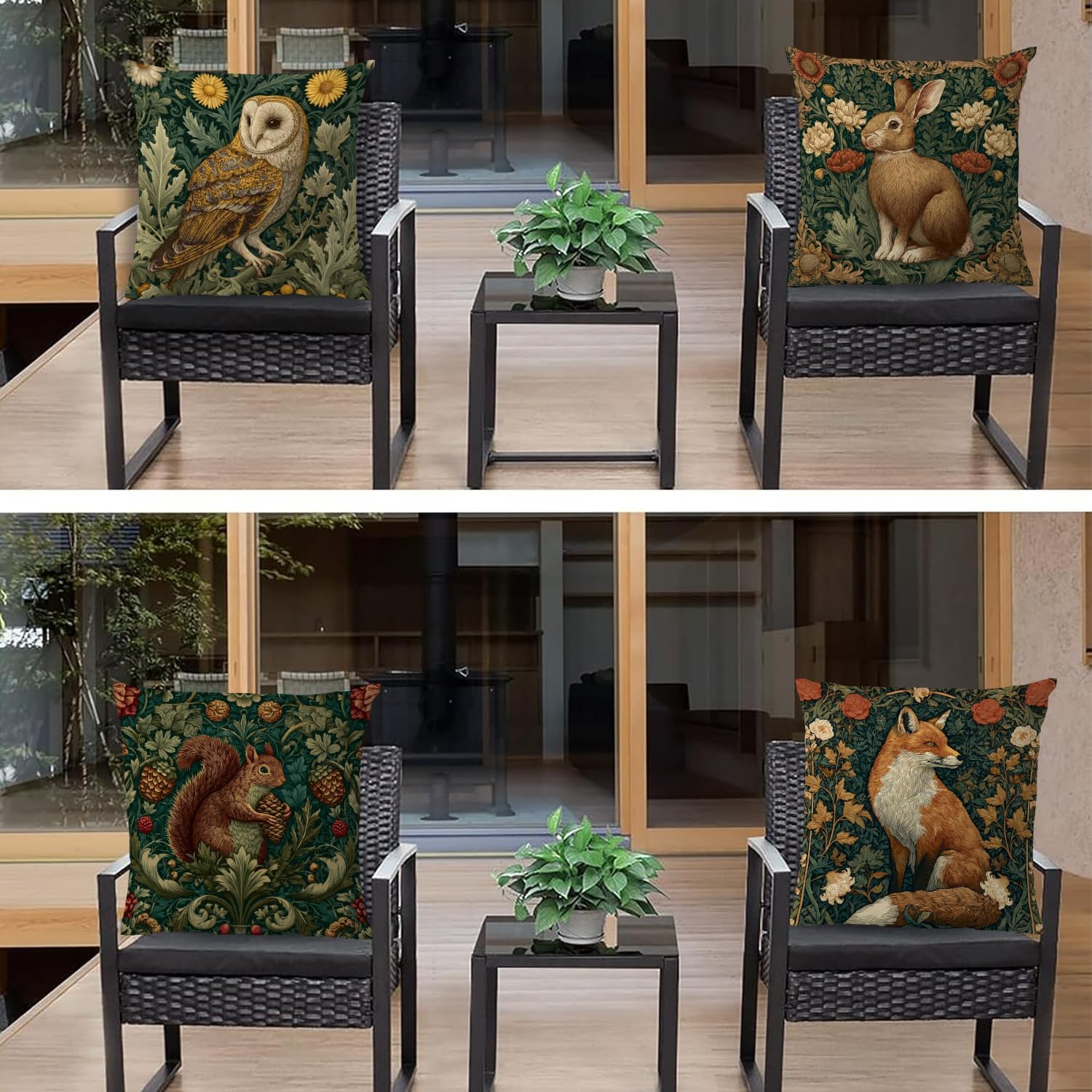 Vintage Animal Pillow Covers 18x18 Set of 4 William Morris Forest Fox Velvet Pillow Covers Colorful Floral Pillow Cases Fluffy Velvet Pillowcase for Bed Couch Sofa Living Room Bedroom Decoration
