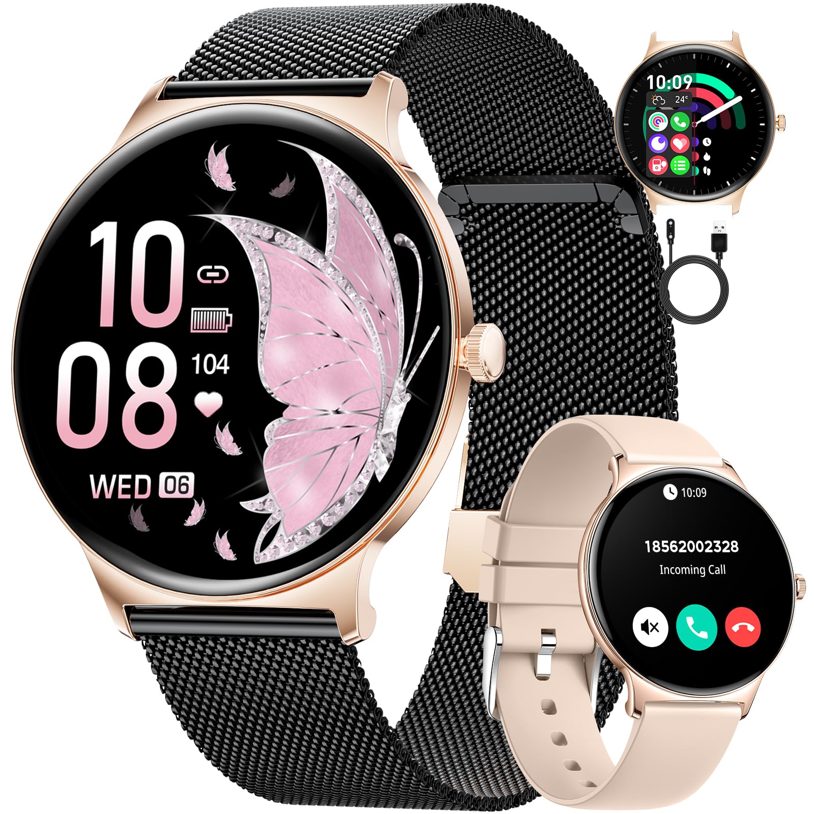 Smartwatch Donna, 1,43" AMOLED Smartwatch Orologio Fitness 2 Cinturini,Chiamata Bluetooth,100+ Modalità Sportive,24H Cardiofrequenzimetro,Monitoraggio Sonno,IP68 Impermeabile,Android iOS,Nero Rosa