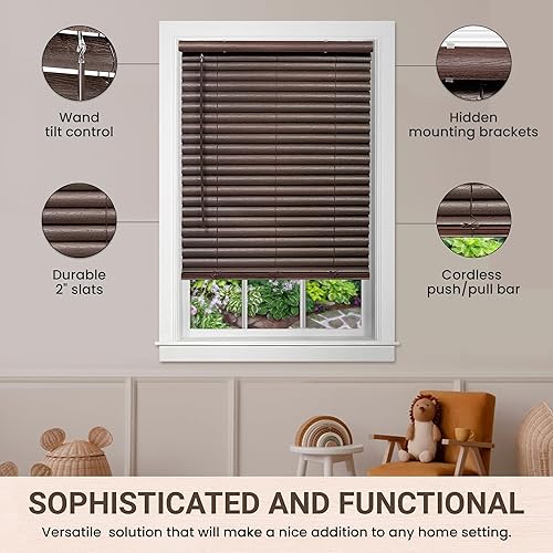 Miniatura 5 de Persiana sin cordón de 2 pulgadas de listones, mini persianas de vinilo en relieve, veta de madera en relieve, 32 pulgadas de ancho x 64 pulgadas de